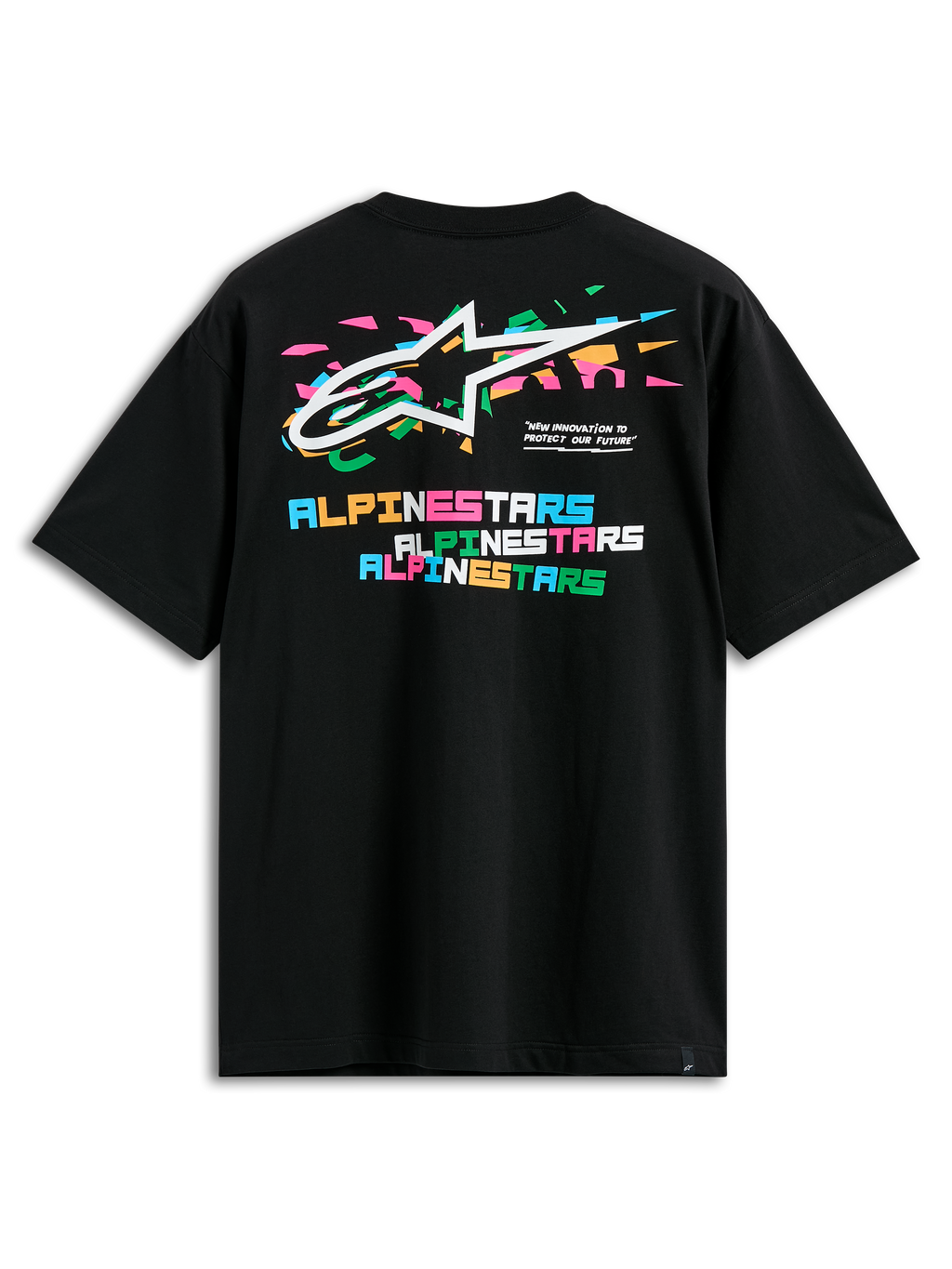 Alpinestars Wild Oversized CSF Tee, t-shirt a maniche corte, nero, vista posteriore con logo Astars multicolore vivace e scritta Alpinestars a blocchi sovrapposti, streetwear casual