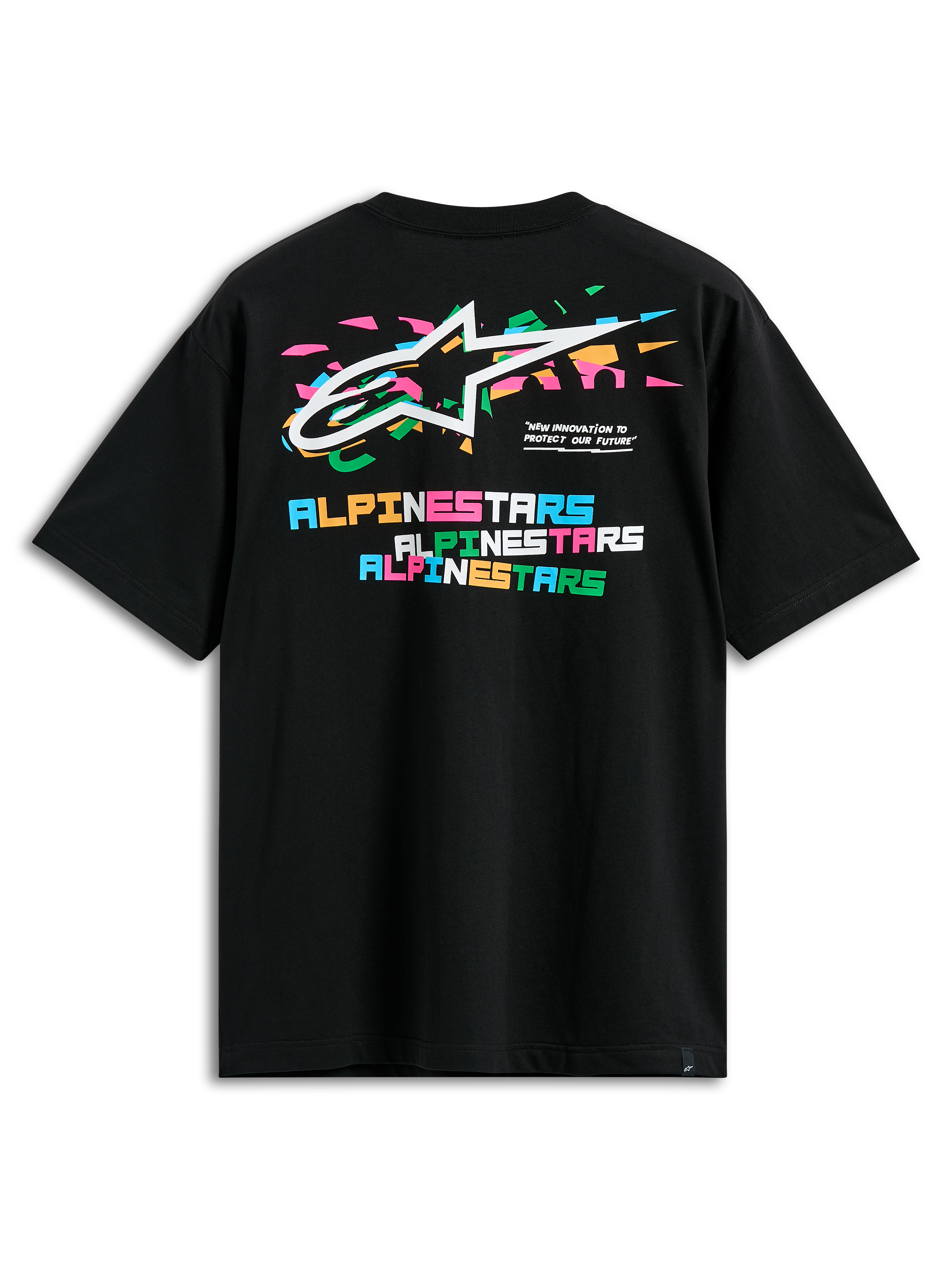 Alpinestars Wild Oversized CSF Tee, t-shirt a maniche corte, nero, vista posteriore con logo Astars multicolore vivace e scritta Alpinestars a blocchi sovrapposti, streetwear casual