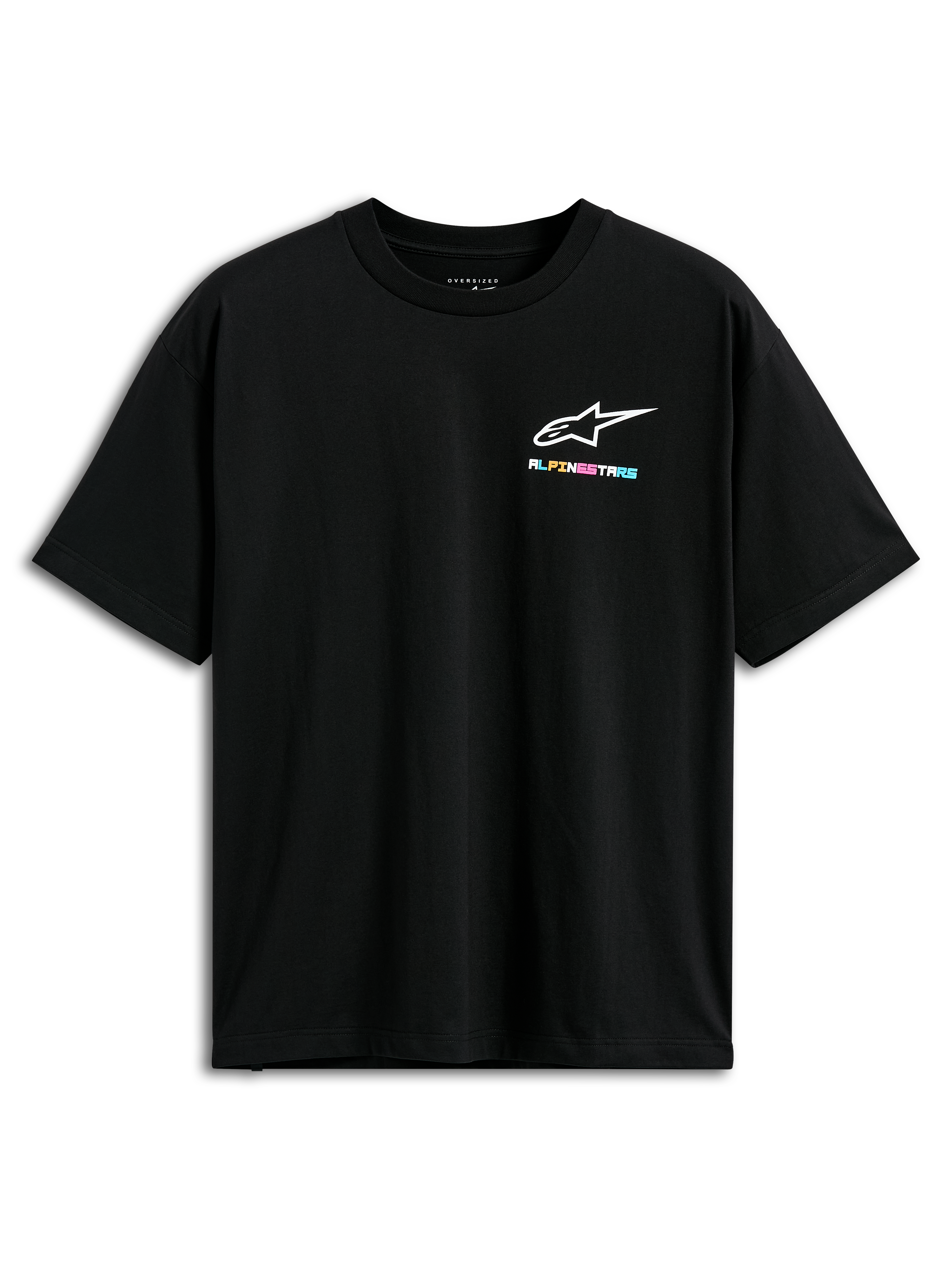 Alpinestars Wild Oversized CSF Tee, maglietta a maniche corte, nero, con un piccolo logo Alpinestars multicolore vivace sul petto, vestibilità oversize, streetwear casual