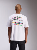 Alpinestars Wild Oversized CSF Tee, t-shirt a maniche corte, bianca, vista posteriore con vivace logo Astars multicolore e stampe di testo, vestibilità oversize, streetwear casual motorsport