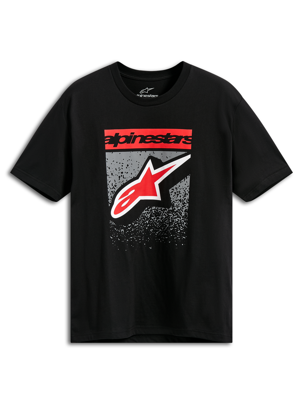 Alpinestars Noka CSF Tee, maglietta a maniche corte, nero, scritta Alpinestars rossa e logo a stella con grafica grigia a gradazione MX, abbigliamento casual streetwear motorsport