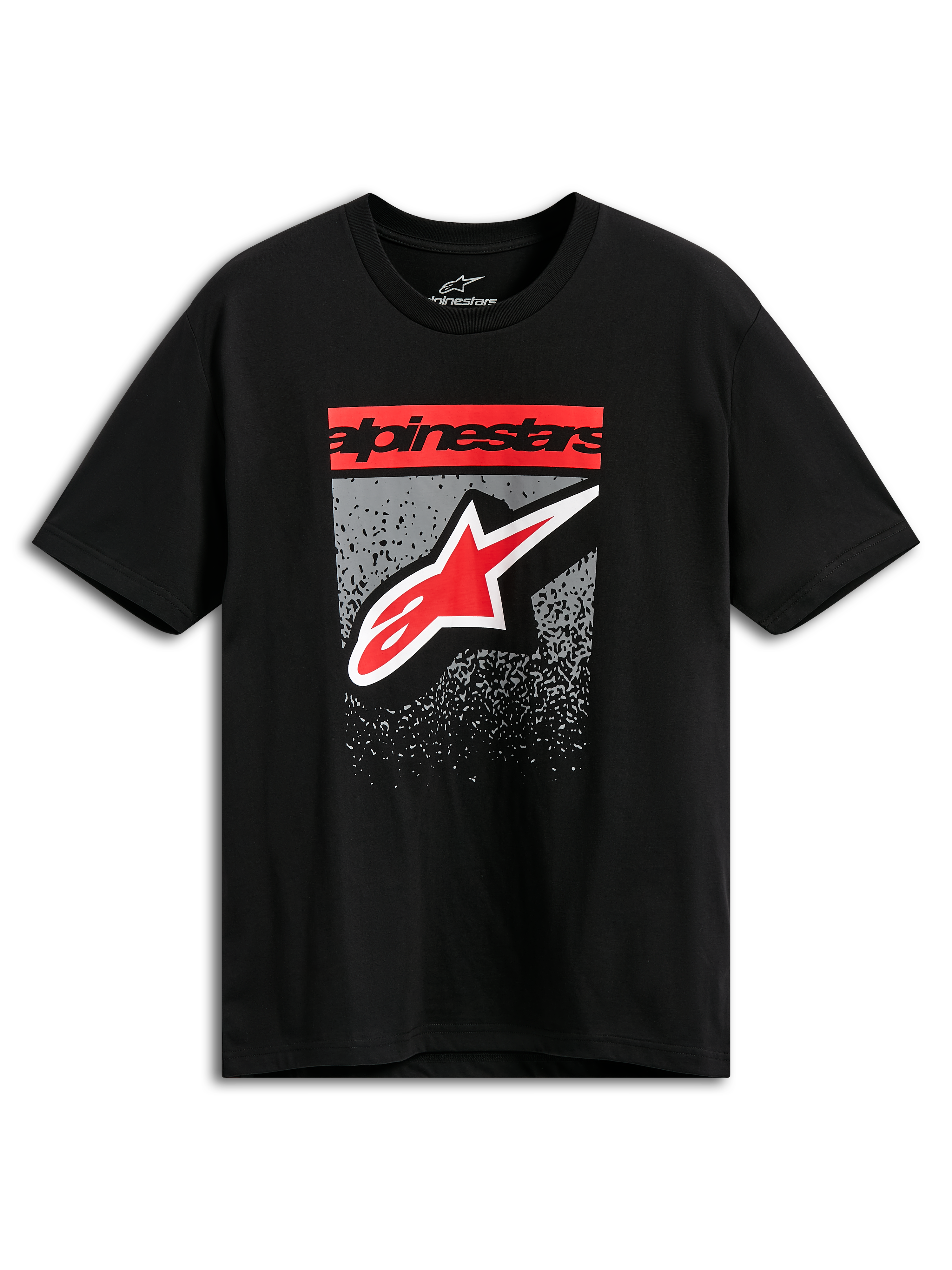 Alpinestars Noka CSF Tee, maglietta a maniche corte, nero, scritta Alpinestars rossa e logo a stella con grafica grigia a gradazione MX, abbigliamento casual streetwear motorsport