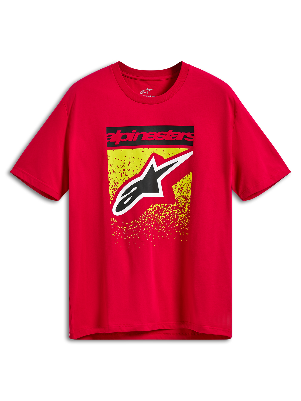 Alpinestars Noka CSF Tee, maglietta a maniche corte, rosso, grafica frontale con barra di testo Alpinestars nera e grande logo Astars su schizzi con sfumatura MX gialla e rossa, abbigliamento sportivo casual per sport motoristici