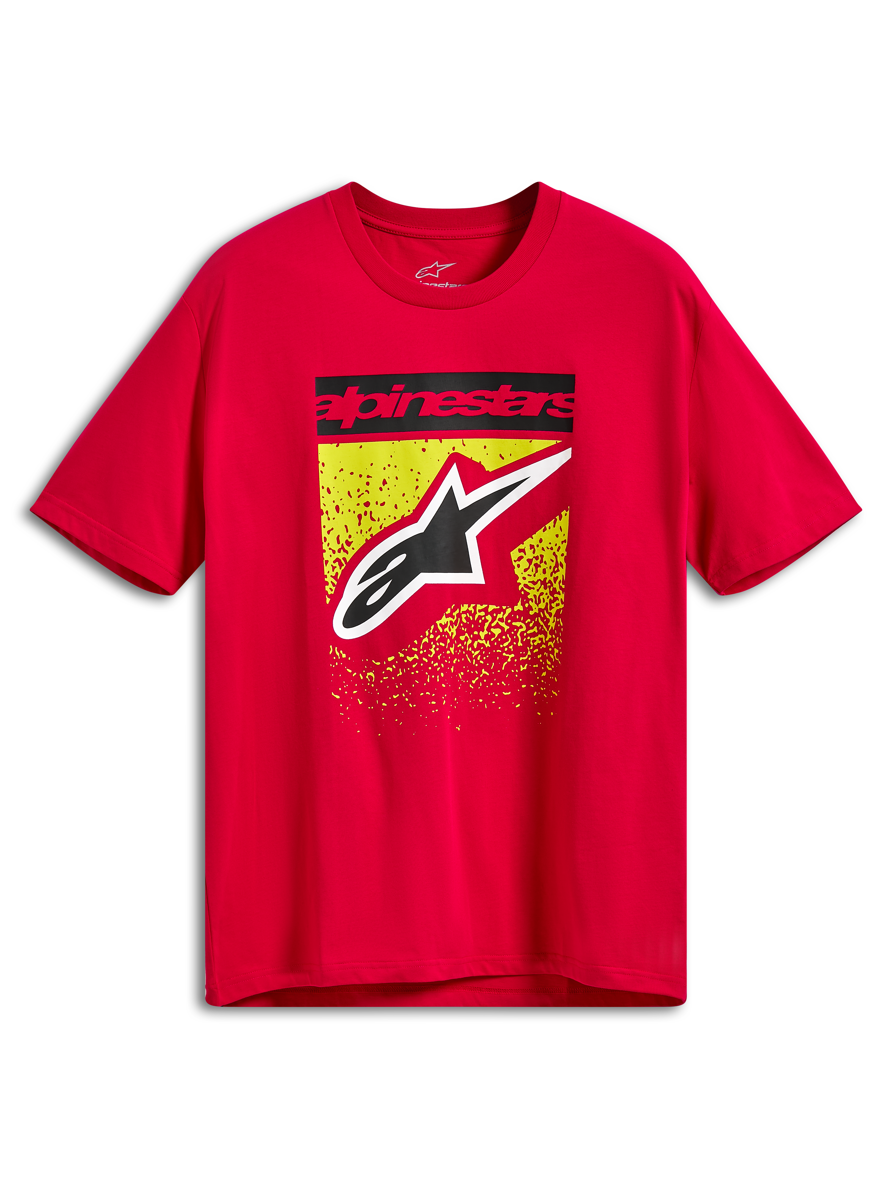 Alpinestars Noka CSF Tee, maglietta a maniche corte, rosso, grafica frontale con barra di testo Alpinestars nera e grande logo Astars su schizzi con sfumatura MX gialla e rossa, abbigliamento sportivo casual per sport motoristici
