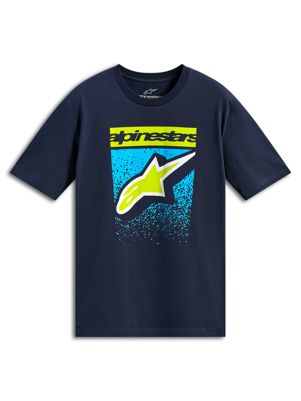 Alpinestars Noka CSF Tee, t-shirt a maniche corte, navy, scritta e logo Astars verde lime con grafica a gradazione blu, abbigliamento casual motorsport