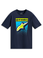 Alpinestars Noka CSF Tee, t-shirt a maniche corte, navy, scritta e logo Astars verde lime con grafica a gradazione blu, abbigliamento casual motorsport