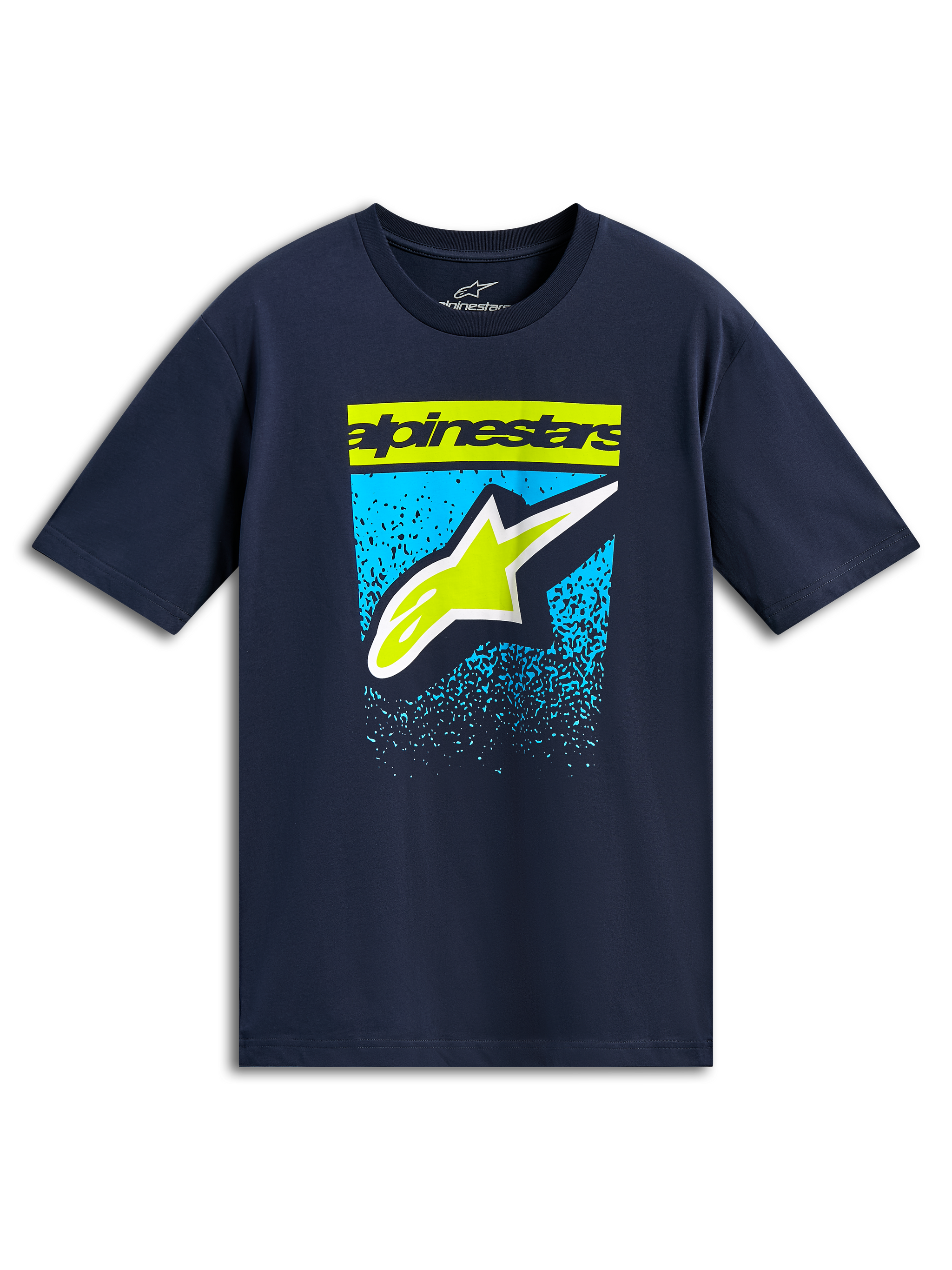 Alpinestars Noka CSF Tee, t-shirt a maniche corte, navy, scritta e logo Astars verde lime con grafica a gradazione blu, abbigliamento casual motorsport