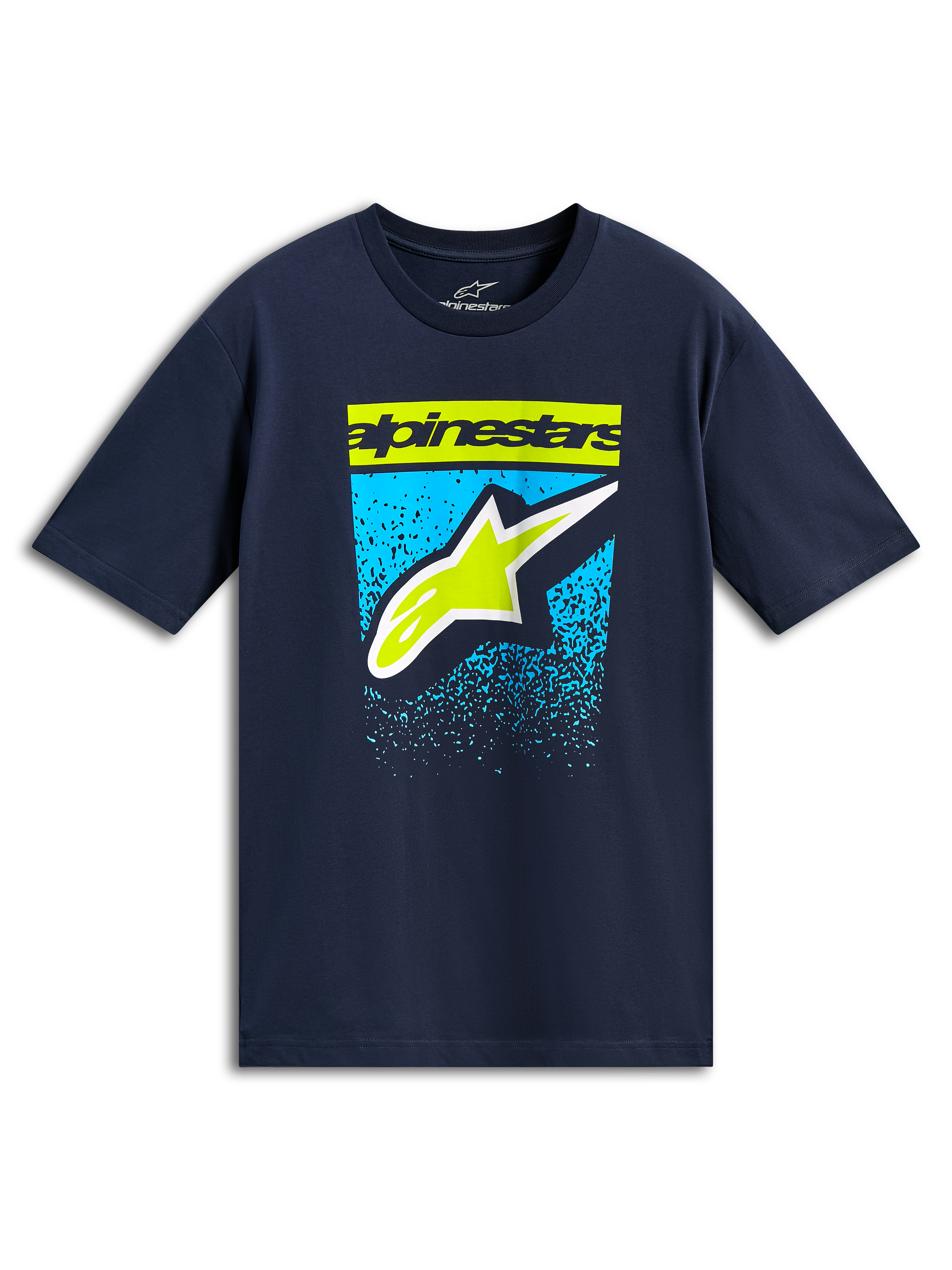 Alpinestars Noka CSF Tee, t-shirt a maniche corte, navy, scritta e logo Astars verde lime con grafica a gradazione blu, abbigliamento casual motorsport