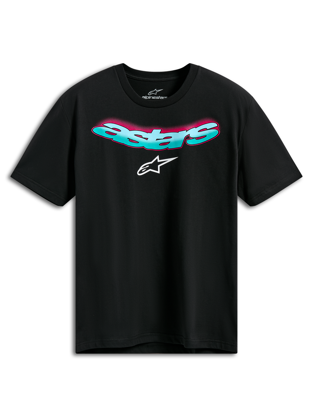 Alpinestars Ellipsoid CSF Tee, t-shirt a maniche corte, nero, scritta Astars curva verde acqua con sfumatura rosa e logo bianco, abbigliamento sportivo casual motorsport