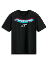 Alpinestars Ellipsoid CSF Tee, t-shirt a maniche corte, nero, scritta Astars curva verde acqua con sfumatura rosa e logo bianco, abbigliamento sportivo casual motorsport