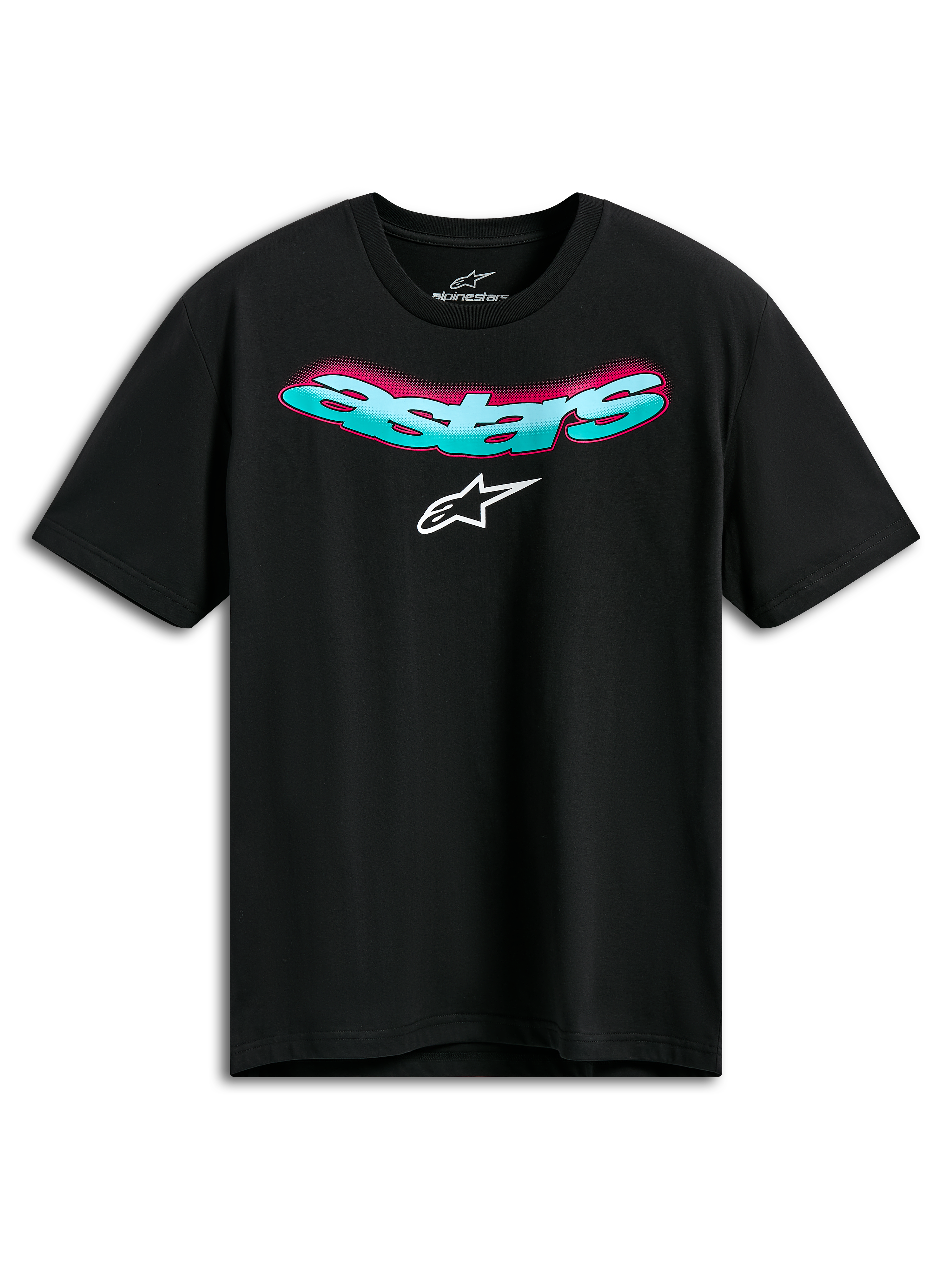Alpinestars Ellipsoid CSF Tee, t-shirt a maniche corte, nero, scritta Astars curva verde acqua con sfumatura rosa e logo bianco, abbigliamento sportivo casual motorsport