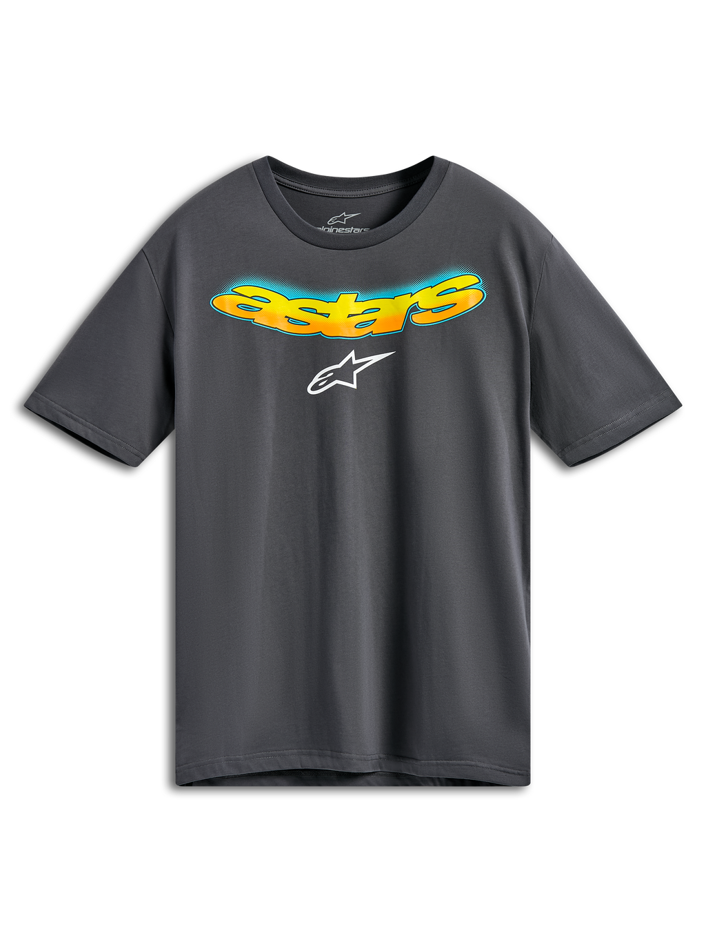 Alpinestars Ellipsoid CSF Tee, t-shirt a maniche corte, grigio antracite, scritta Astars curva frontale con sfumatura arancione e gialla e dettaglio mezzitoni blu, logo Alpinestars bianco, abbigliamento sportivo casual