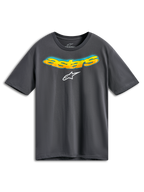 Alpinestars Ellipsoid CSF Tee, t-shirt a maniche corte, grigio antracite, scritta Astars curva frontale con sfumatura arancione e gialla e dettaglio mezzitoni blu, logo Alpinestars bianco, abbigliamento sportivo casual