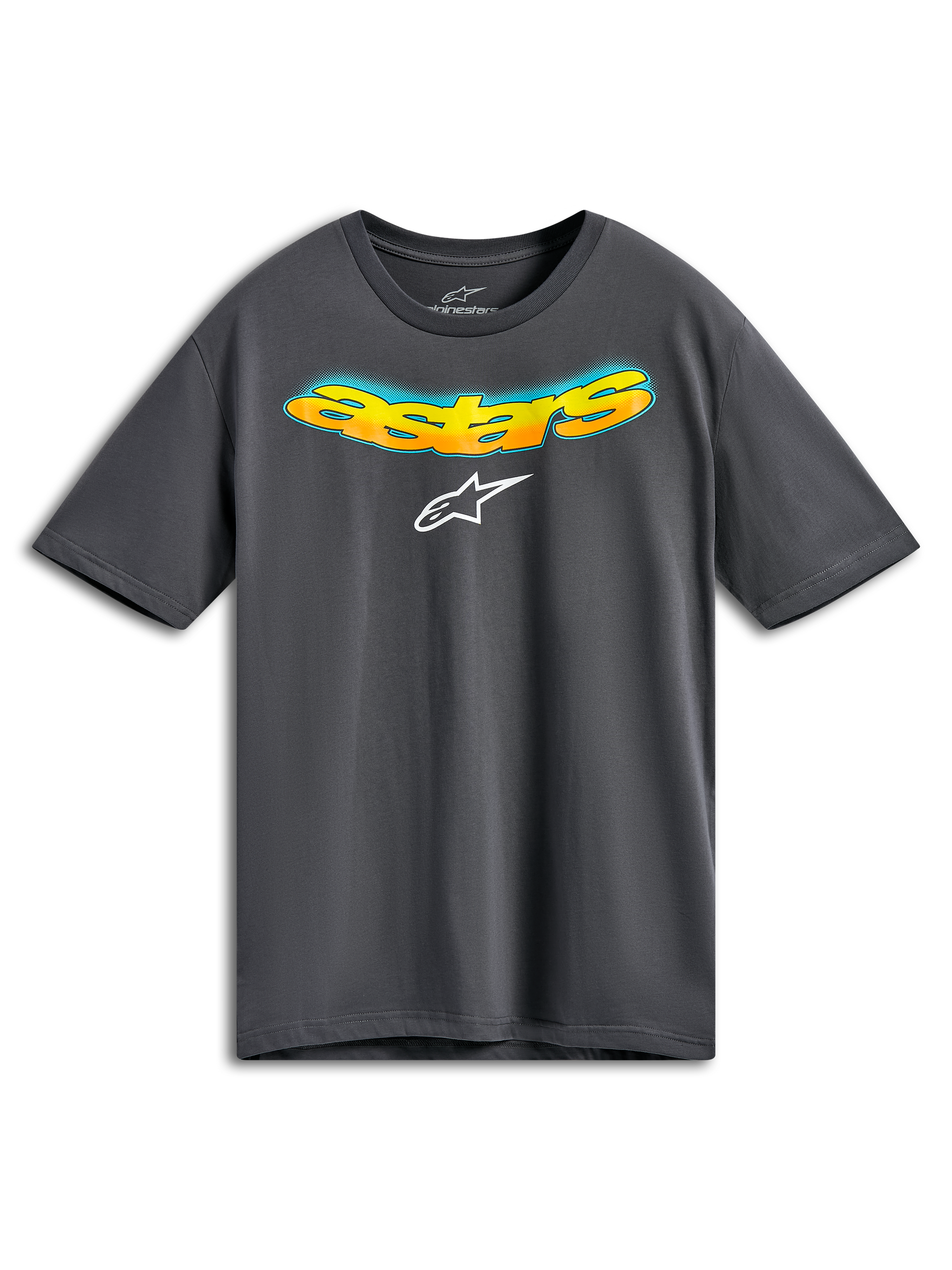 Alpinestars Ellipsoid CSF Tee, t-shirt a maniche corte, grigio antracite, scritta Astars curva frontale con sfumatura arancione e gialla e dettaglio mezzitoni blu, logo Alpinestars bianco, abbigliamento sportivo casual