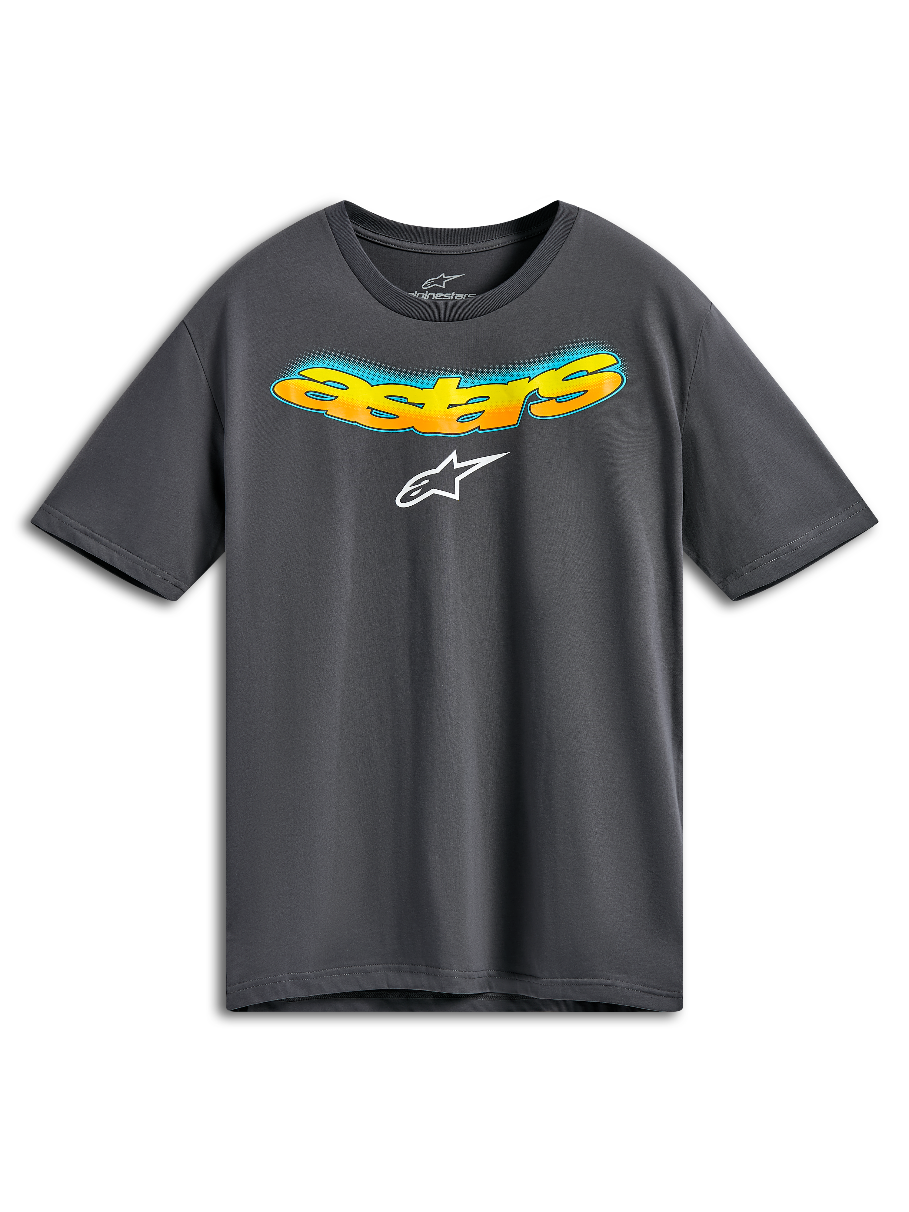 Alpinestars Ellipsoid CSF Tee, t-shirt a maniche corte, grigio antracite, scritta Astars curva frontale con sfumatura arancione e gialla e dettaglio mezzitoni blu, logo Alpinestars bianco, abbigliamento sportivo casual