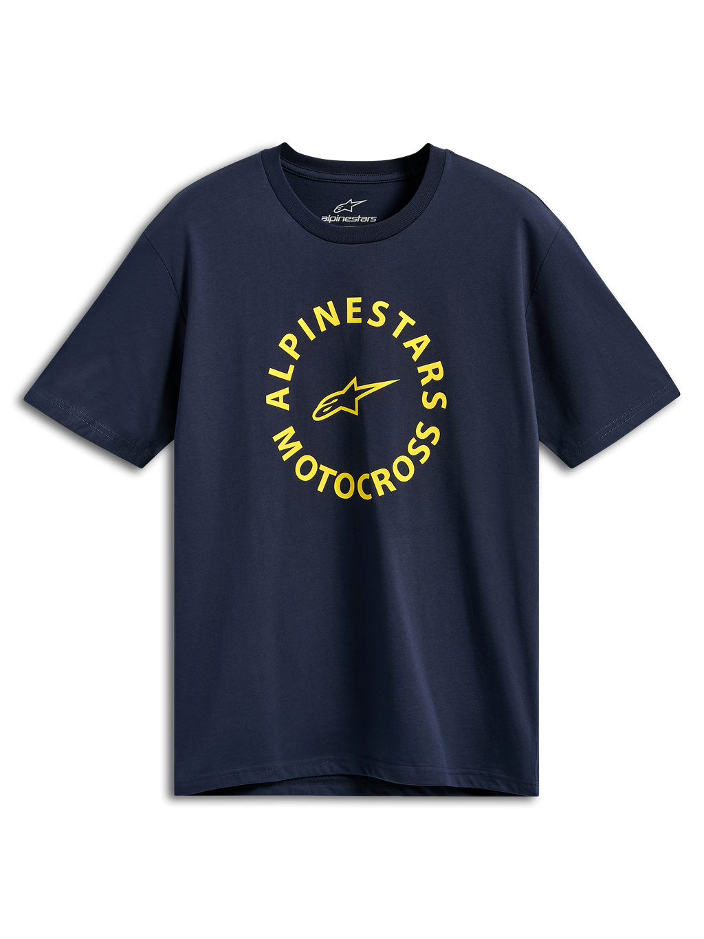 Alpinestars MX CSF Tee, t-shirt a maniche corte, blu navy, grafica circolare gialla Alpinestars Motocross, abbigliamento casual motorsport streetwear