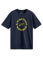 Alpinestars MX CSF Tee, t-shirt a maniche corte, blu navy, grafica circolare gialla Alpinestars Motocross, abbigliamento casual motorsport streetwear