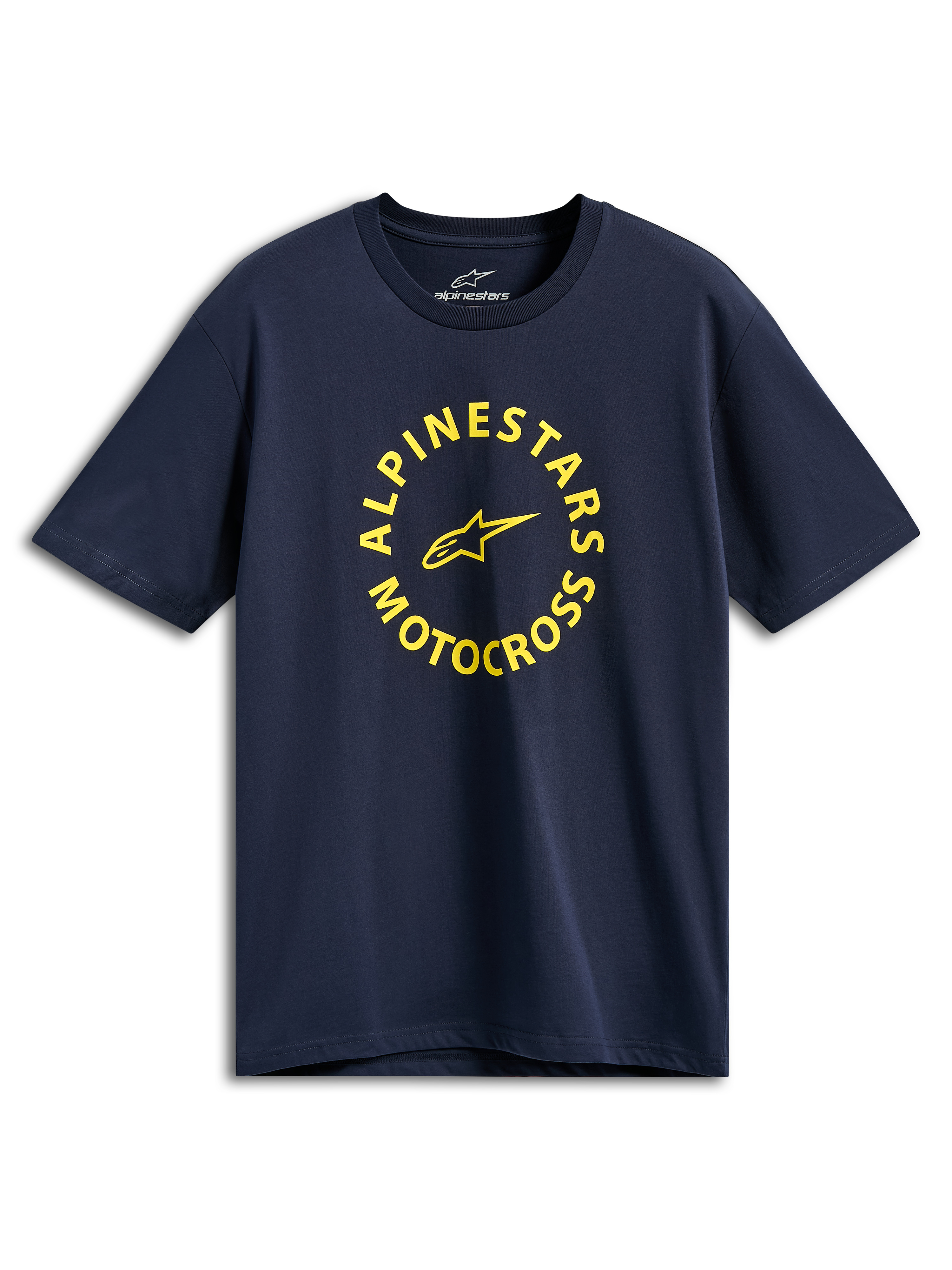 Alpinestars MX CSF Tee, t-shirt a maniche corte, blu navy, grafica circolare gialla Alpinestars Motocross, abbigliamento casual motorsport streetwear