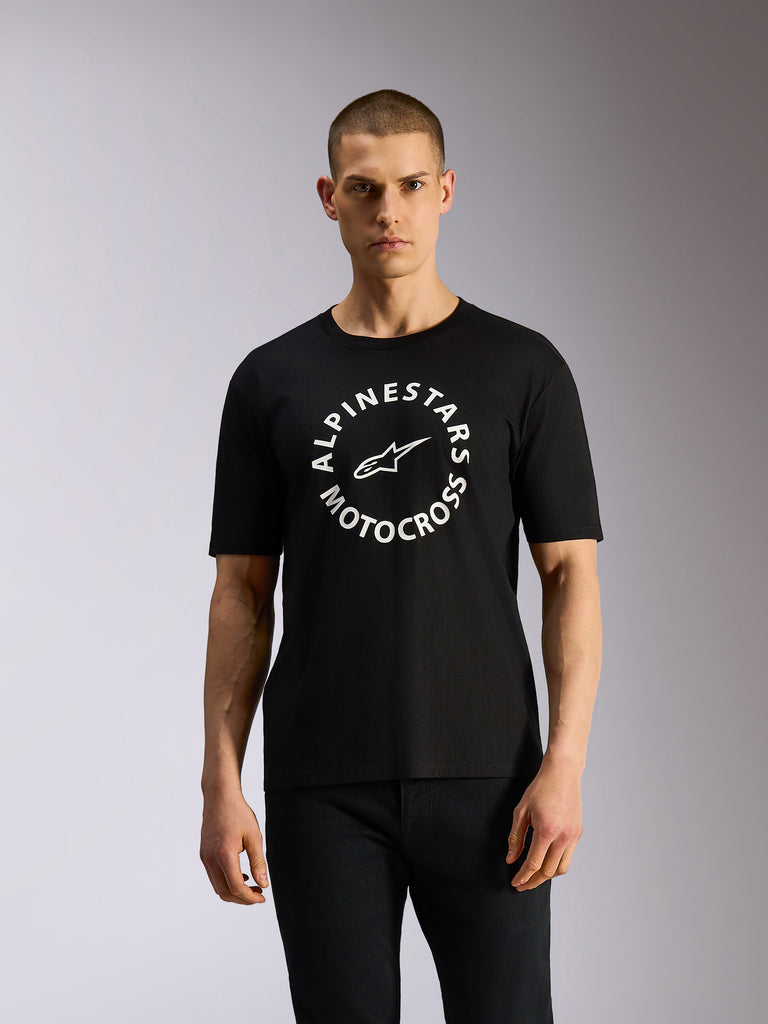 Alpinestars MX CSF Tee, T-shirt a maniche corte, nero, grafica circolare Alpinestars Motocross bianca, streetwear casual ispirato al motorsport