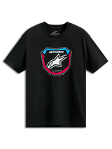 Alpinestars Plate CSF Tee, t-shirt a maniche corte, nero, grafica frontale MX Plate con logo stella bianco e accenti blu e rosa, abbigliamento casual motorsport