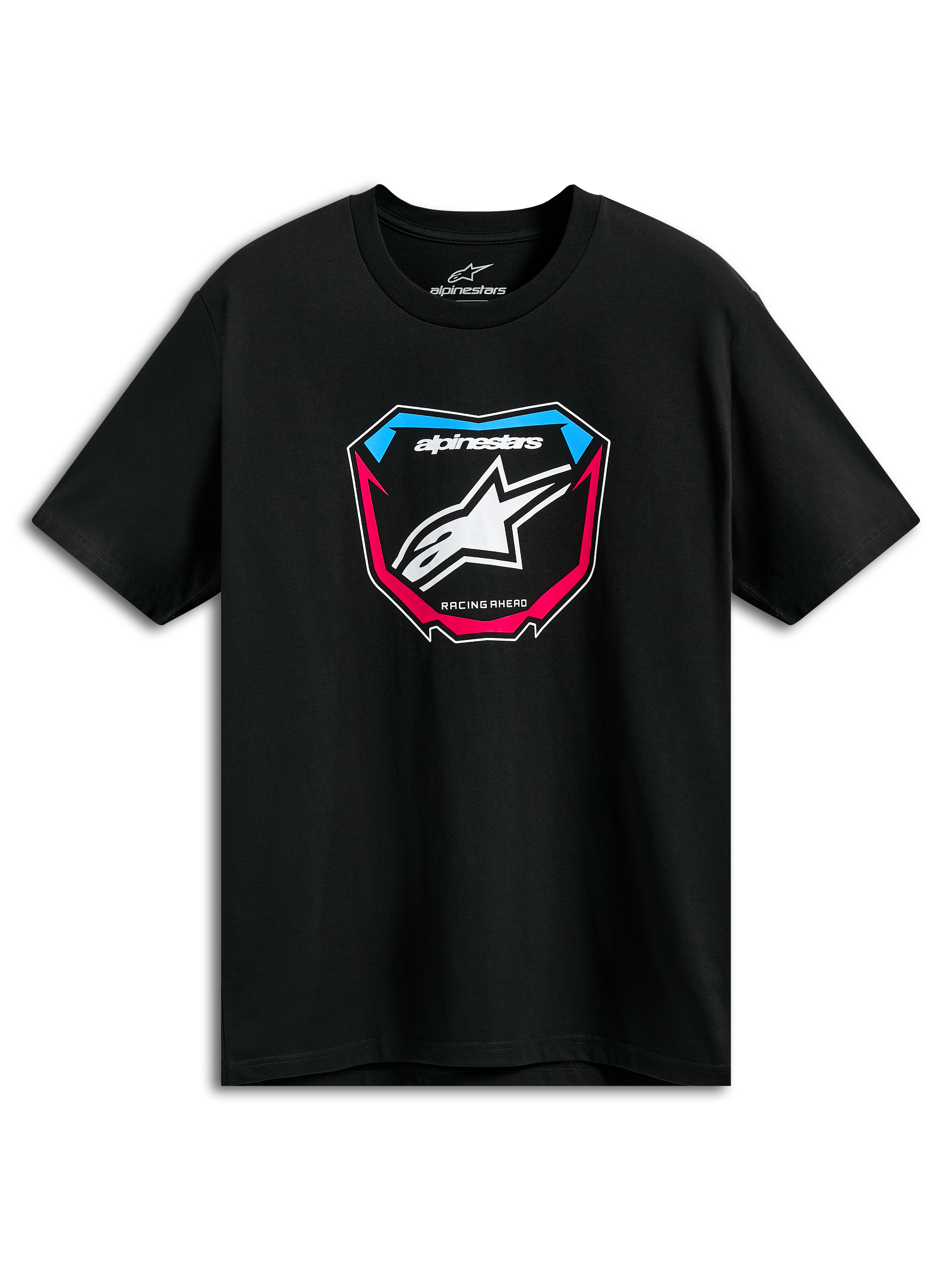 Alpinestars Plate CSF Tee, t-shirt a maniche corte, nero, grafica frontale MX Plate con logo stella bianco e accenti blu e rosa, abbigliamento casual motorsport