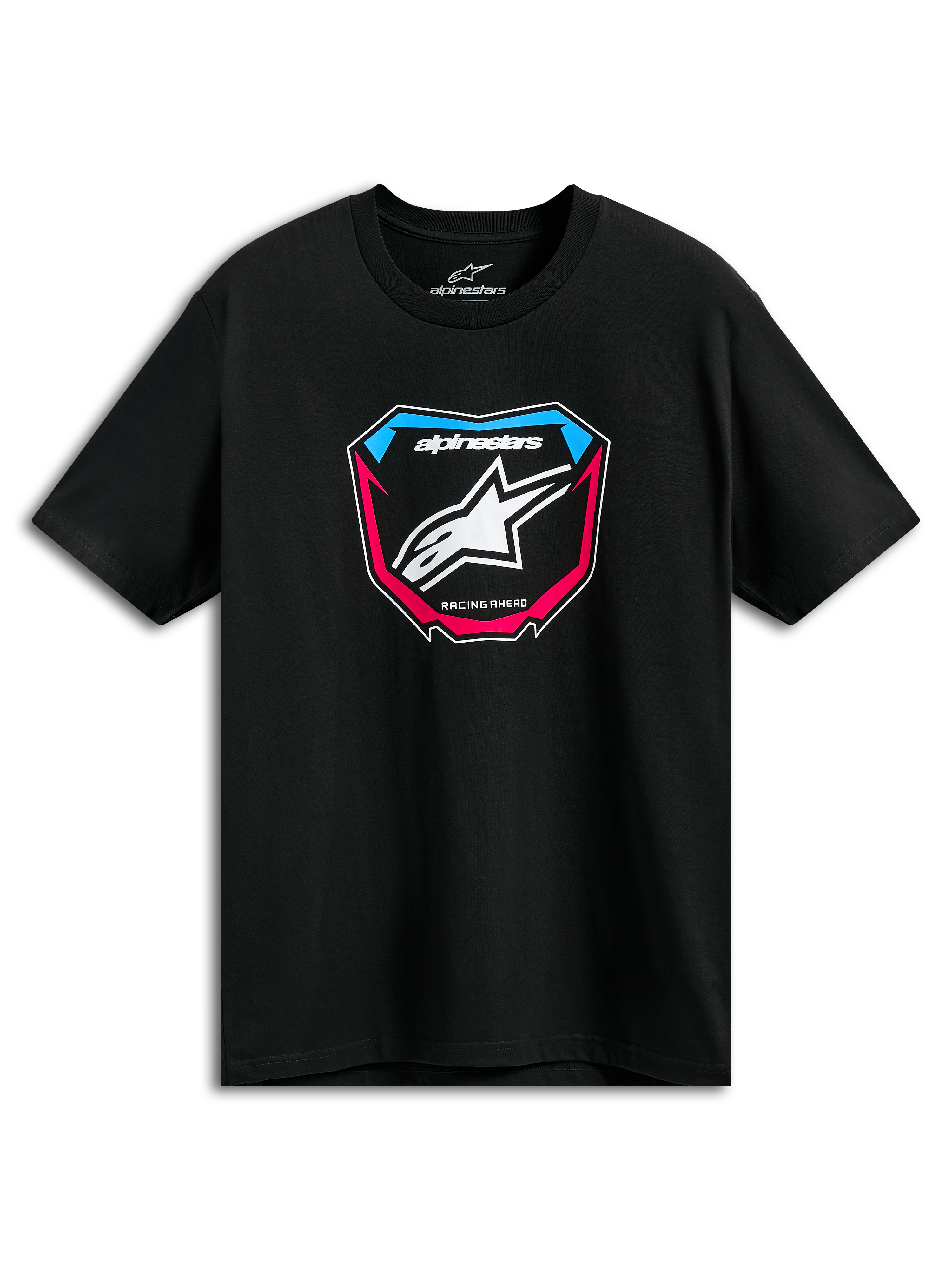 Alpinestars Plate CSF Tee, t-shirt a maniche corte, nero, grafica frontale MX Plate con logo stella bianco e accenti blu e rosa, abbigliamento casual motorsport