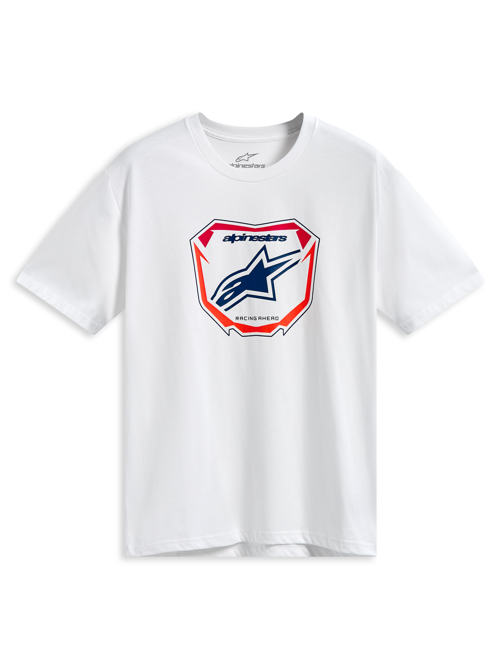 Alpinestars Plate CSF Tee, t-shirt a maniche corte, bianca, grafica centrale MX Plate con logo Astars blu e accenti rossi e arancioni, streetwear casual ispirato al motorsport