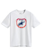 Alpinestars Plate CSF Tee, t-shirt a maniche corte, bianca, grafica centrale MX Plate con logo Astars blu e accenti rossi e arancioni, streetwear casual ispirato al motorsport