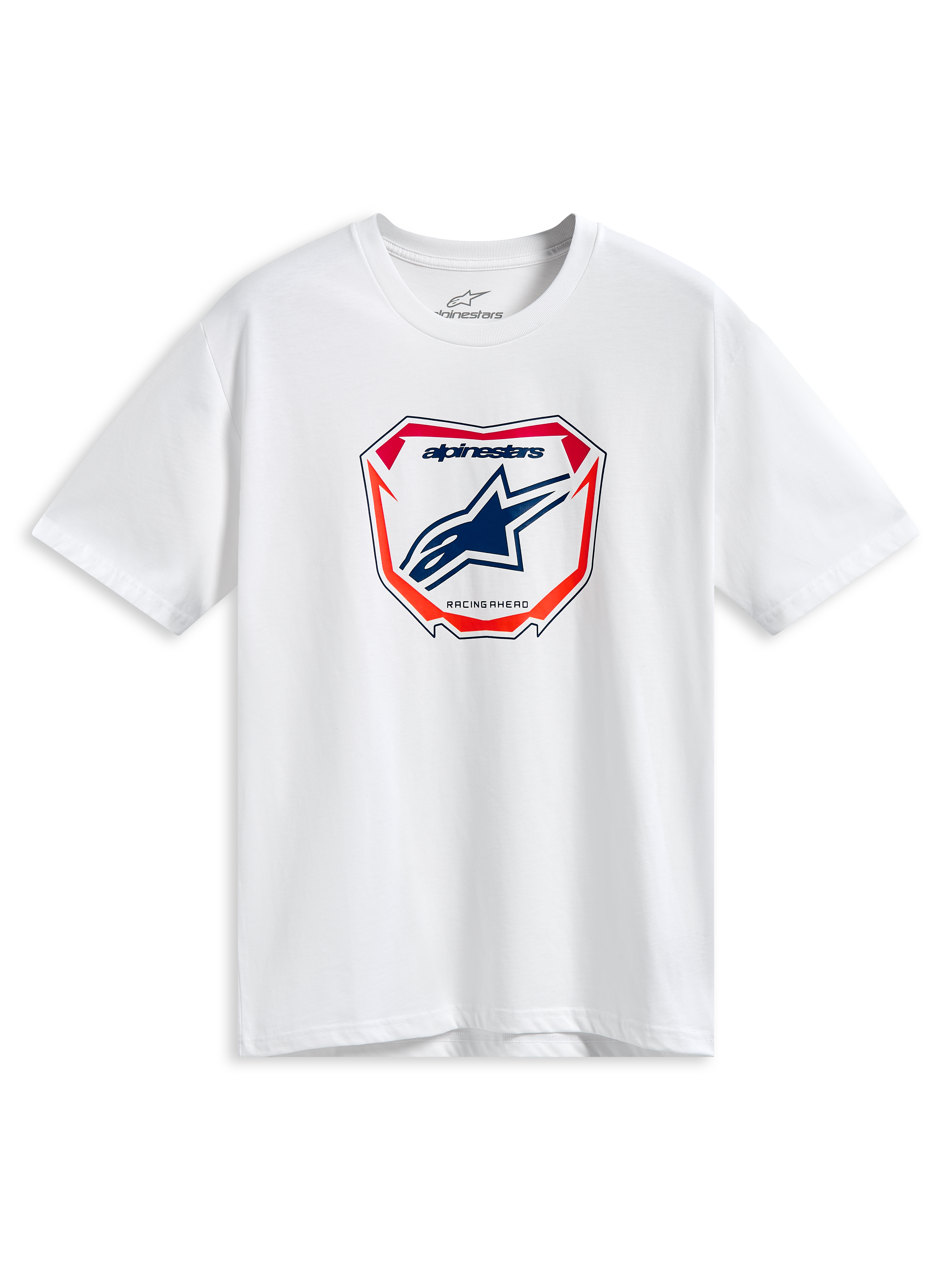 Alpinestars Plate CSF Tee, t-shirt a maniche corte, bianca, grafica centrale MX Plate con logo Astars blu e accenti rossi e arancioni, streetwear casual ispirato al motorsport