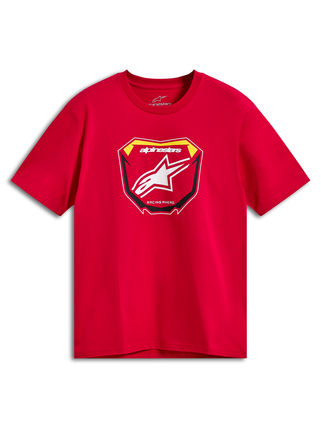 Alpinestars Plate CSF Tee, t-shirt a maniche corte, rosso, grafica frontale con tabella MX, logo Astars bianco e testo Racing Ahead, abbigliamento sportivo casual motorsport