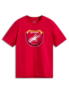 Alpinestars Plate CSF Tee, t-shirt a maniche corte, rosso, grafica frontale con tabella MX, logo Astars bianco e testo Racing Ahead, abbigliamento sportivo casual motorsport
