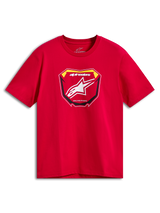 Alpinestars Plate CSF Tee, t-shirt a maniche corte, rosso, grafica frontale con tabella MX, logo Astars bianco e testo Racing Ahead, abbigliamento sportivo casual motorsport
