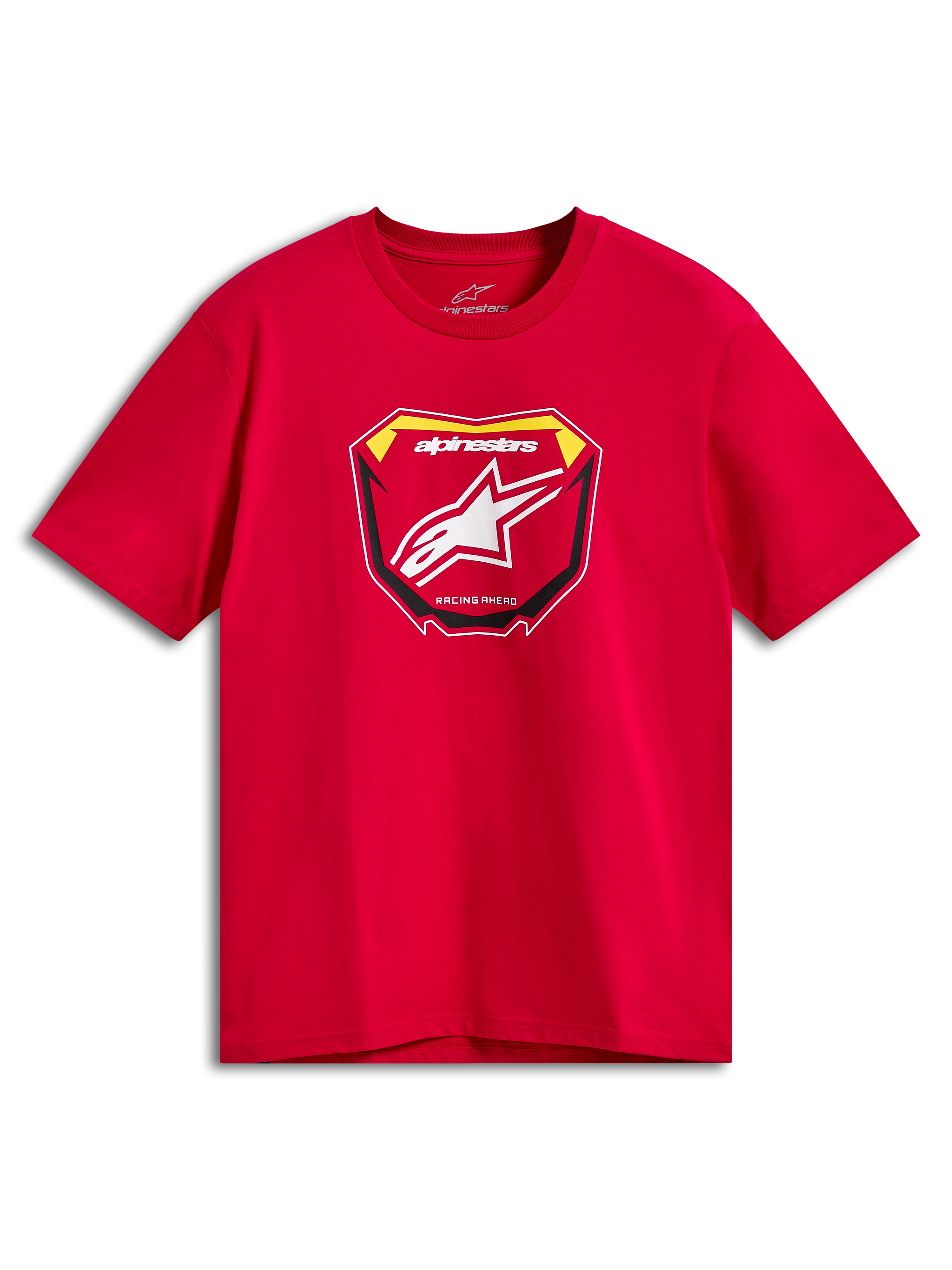 Alpinestars Plate CSF Tee, t-shirt a maniche corte, rosso, grafica frontale con tabella MX, logo Astars bianco e testo Racing Ahead, abbigliamento sportivo casual motorsport
