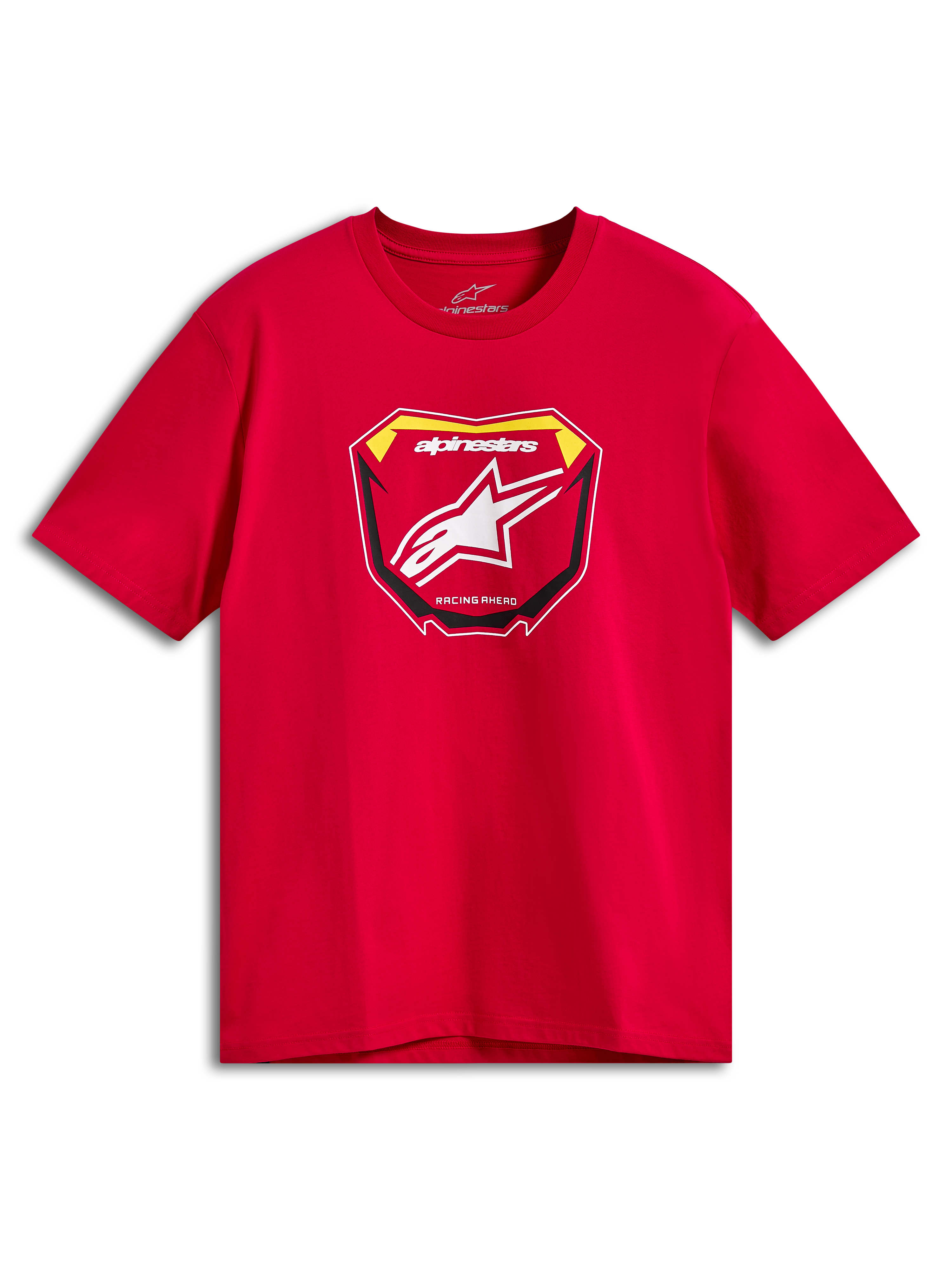Alpinestars Plate CSF Tee, t-shirt a maniche corte, rosso, grafica frontale con tabella MX, logo Astars bianco e testo Racing Ahead, abbigliamento sportivo casual motorsport