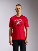 Alpinestars Plate CSF Tee, t-shirt a maniche corte, rosso, grafica frontale con tabella MX Astars, logo a stella bianco e scritta "Racing Ahead", abbigliamento casual motorsport