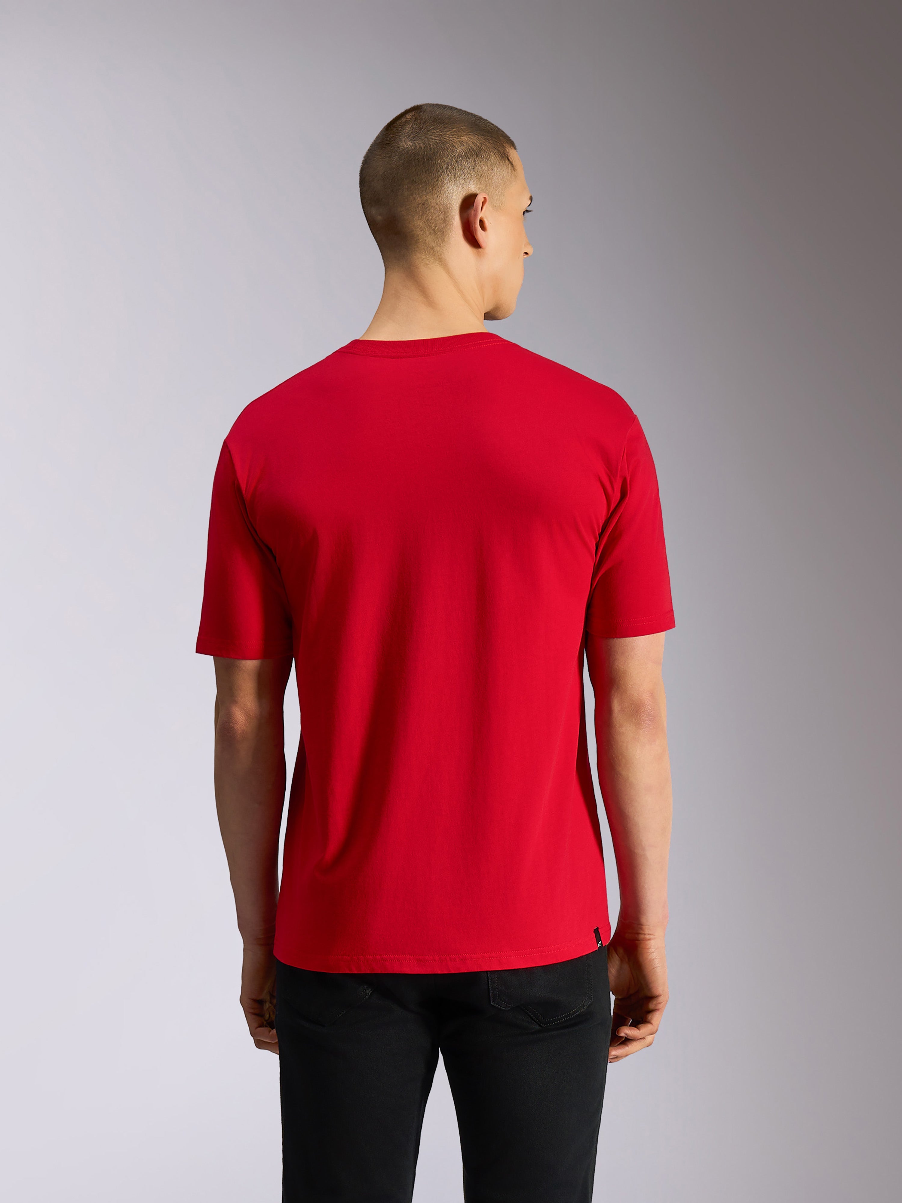 Alpinestars Plate CSF Tee, t-shirt a maniche corte, rosso, vista posteriore che mostra il tessuto rosso a tinta unita e la vestibilità casual, indossata con pantaloni neri, streetwear ispirato al motorsport