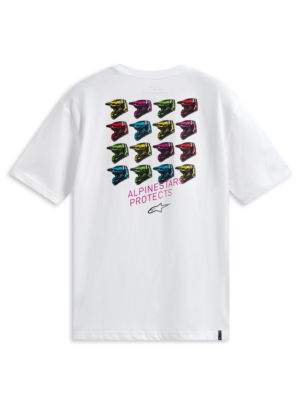 Alpinestars Maglietta Pop Helmet CSF, T-shirt a maniche corte, bianco, vista posteriore con una griglia di caschi M10 multicolore e la scritta ALPINESTARS PROTECTS, streetwear casual d'ispirazione motorsport