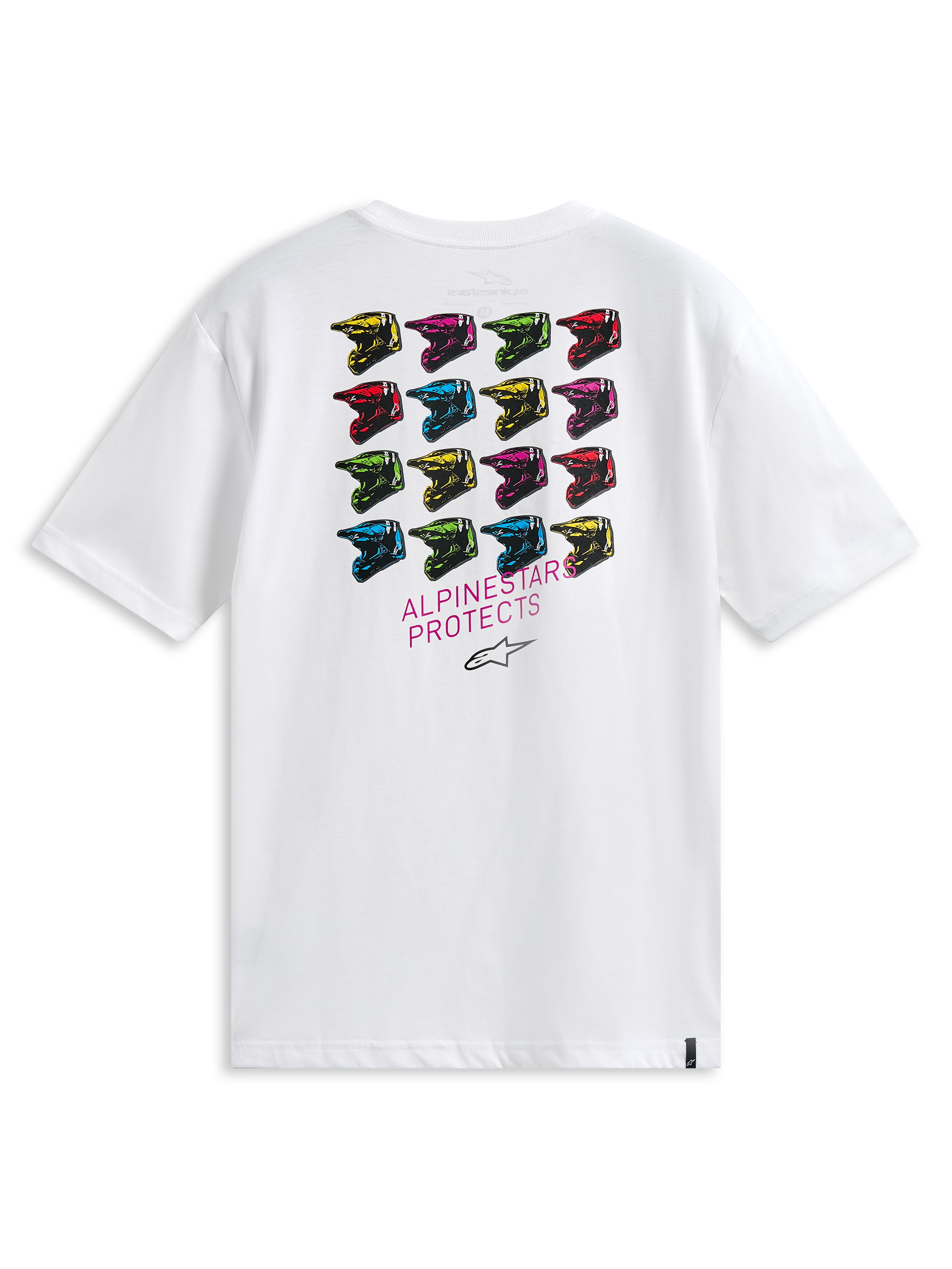 Alpinestars Maglietta Pop Helmet CSF, T-shirt a maniche corte, bianco, vista posteriore con una griglia di caschi M10 multicolore e la scritta ALPINESTARS PROTECTS, streetwear casual d'ispirazione motorsport