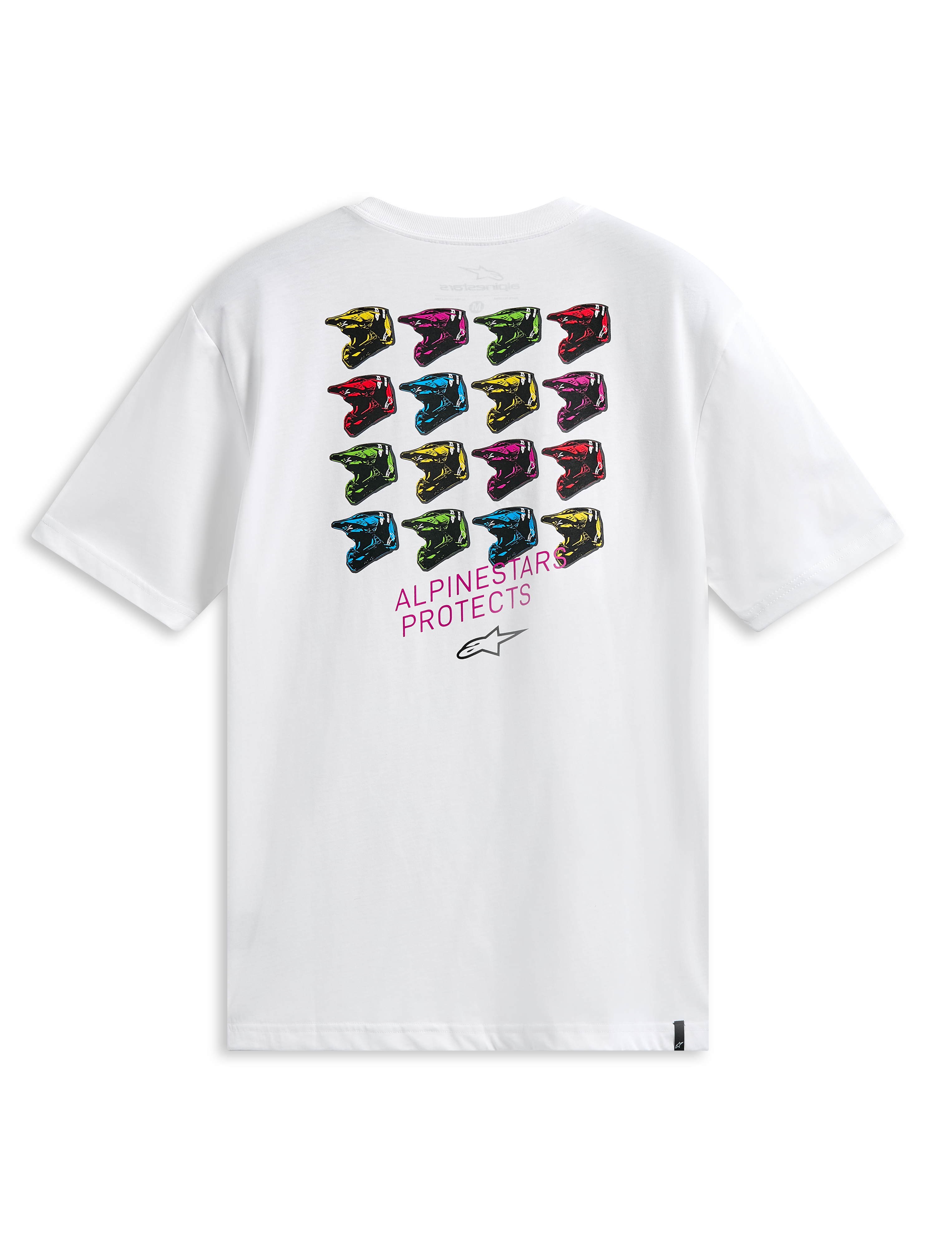 Alpinestars Maglietta Pop Helmet CSF, T-shirt a maniche corte, bianco, vista posteriore con una griglia di caschi M10 multicolore e la scritta ALPINESTARS PROTECTS, streetwear casual d'ispirazione motorsport