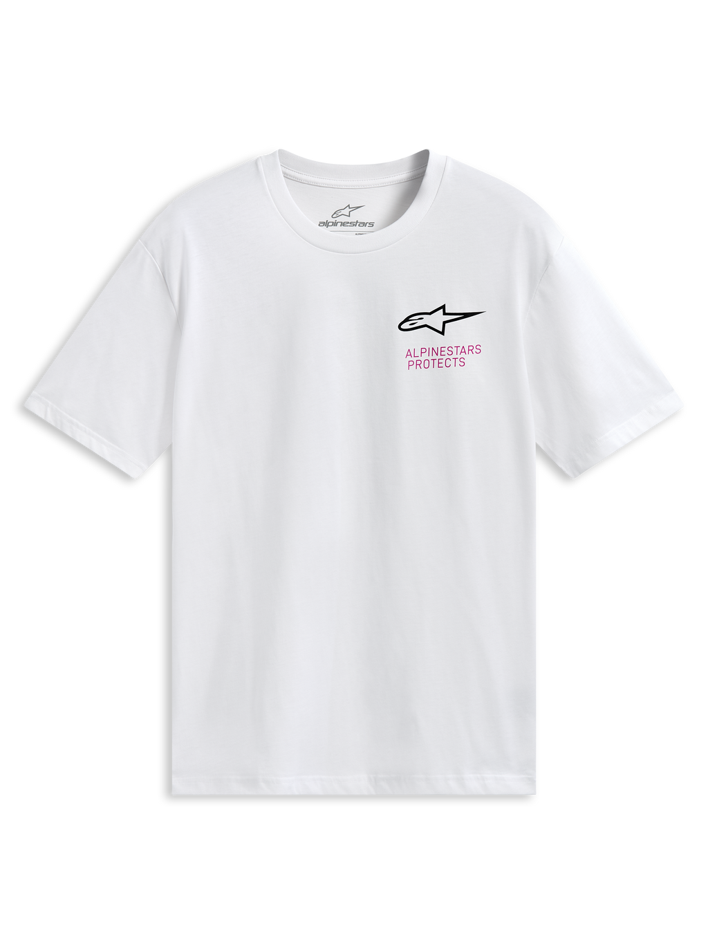 Alpinestars Pop Helmet CSF Tee, maglietta a maniche corte, bianca, con logo Astars frontale e grafica colorata del casco M10 sul retro, abbigliamento sportivo casual da motorsport