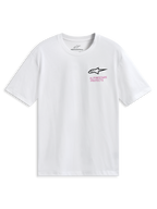Alpinestars Pop Helmet CSF Tee, maglietta a maniche corte, bianca, con logo Astars frontale e grafica colorata del casco M10 sul retro, abbigliamento sportivo casual da motorsport