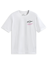 Alpinestars Pop Helmet CSF Tee, maglietta a maniche corte, bianca, con logo Astars frontale e grafica colorata del casco M10 sul retro, abbigliamento sportivo casual da motorsport