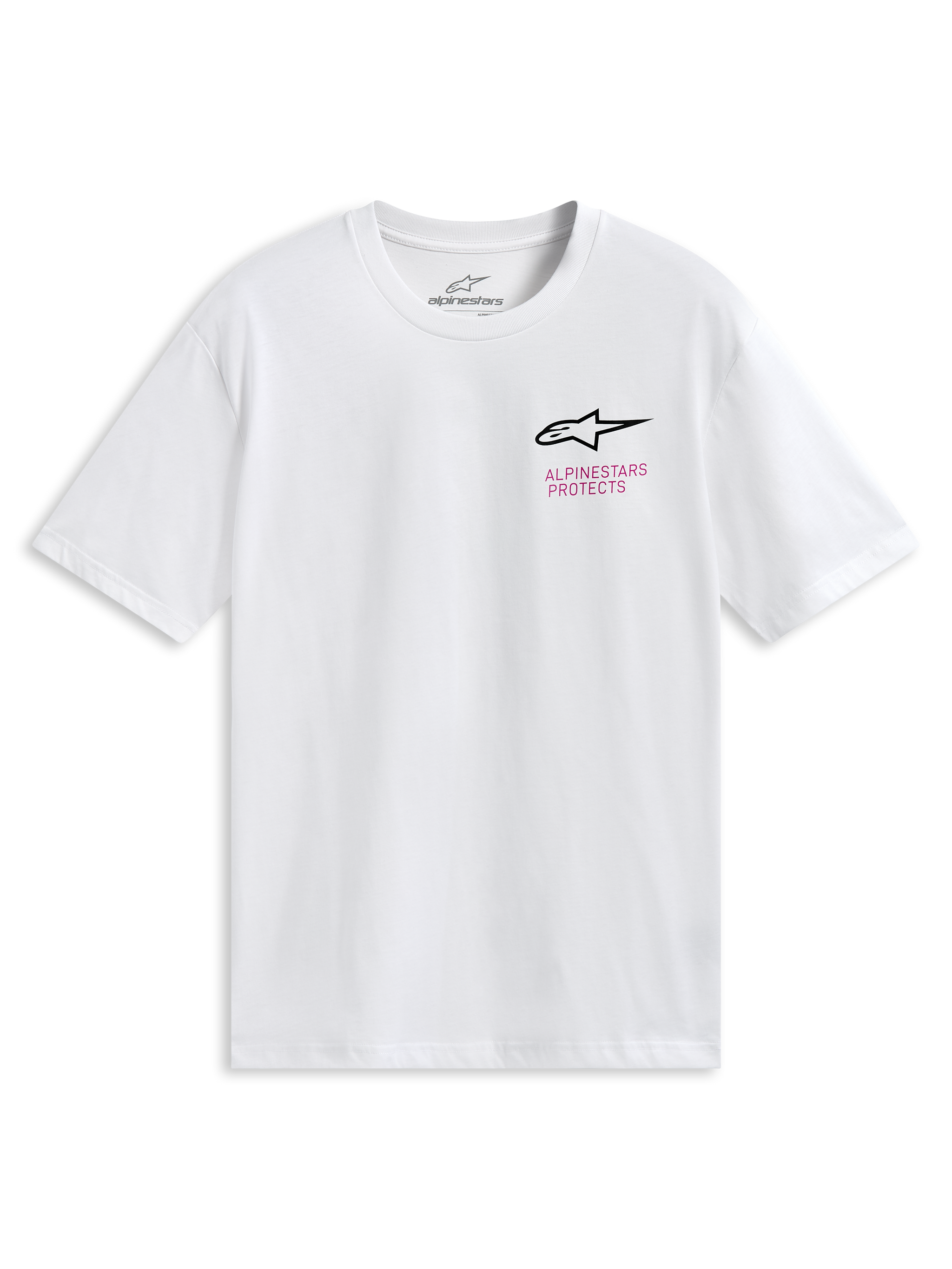 Alpinestars Pop Helmet CSF Tee, maglietta a maniche corte, bianca, con logo Astars frontale e grafica colorata del casco M10 sul retro, abbigliamento sportivo casual da motorsport