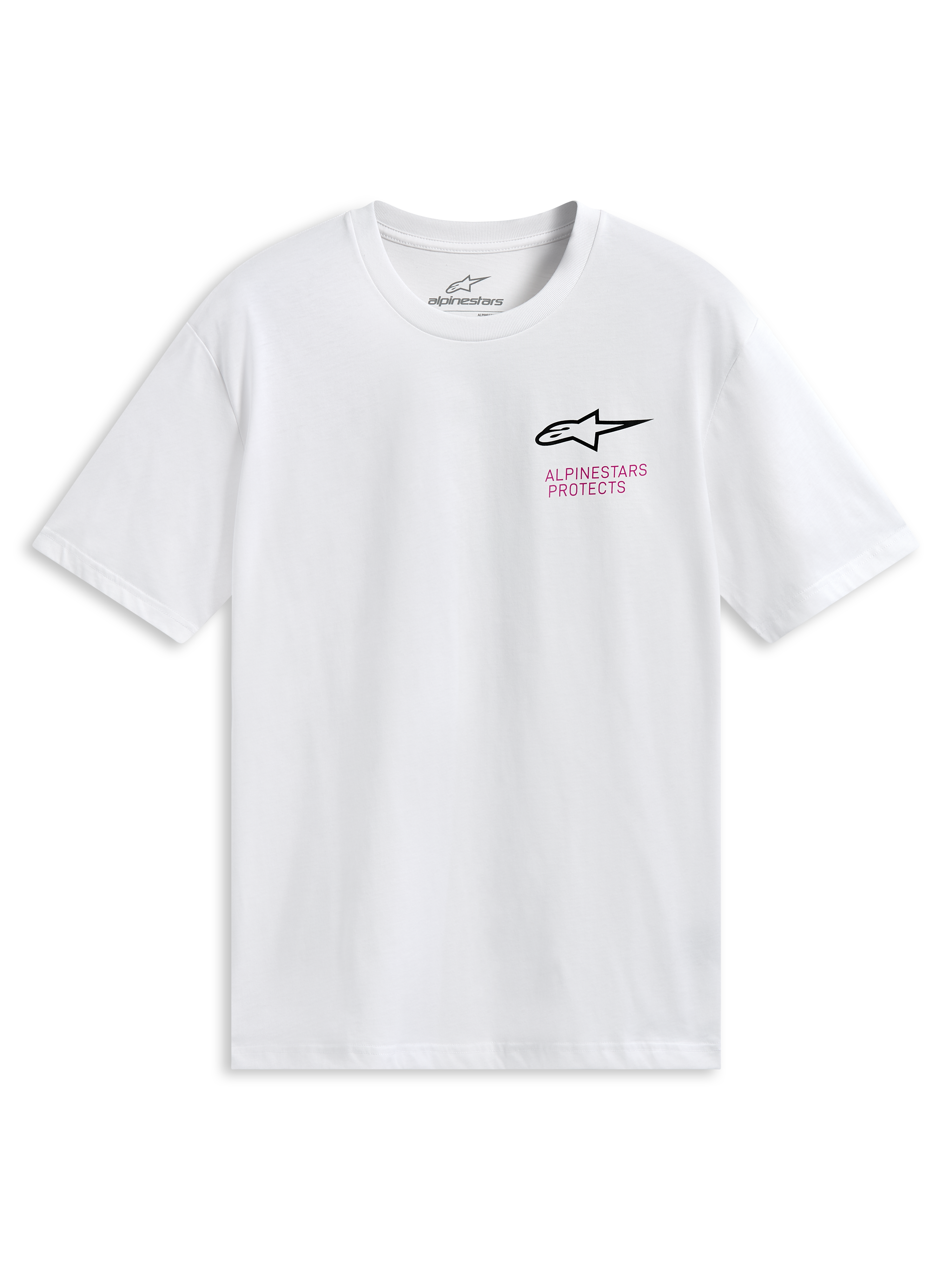 Alpinestars Pop Helmet CSF Tee, maglietta a maniche corte, bianca, con logo Astars frontale e grafica colorata del casco M10 sul retro, abbigliamento sportivo casual da motorsport