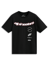 Alpinestars Abus CSF Tee, t-shirt a maniche corte, nero, logo Alpinestars curvo bianco con bordo rosso, grafiche multiple tra cui Racing Ahead e 1963, abbigliamento casual motorsport streetwear