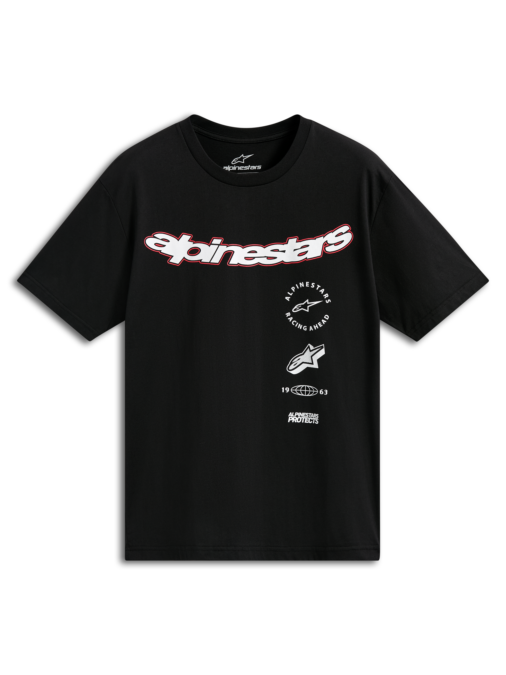 Alpinestars Abus CSF Tee, t-shirt a maniche corte, nero, logo Alpinestars curvo bianco con bordo rosso, grafiche multiple tra cui Racing Ahead e 1963, abbigliamento casual motorsport streetwear