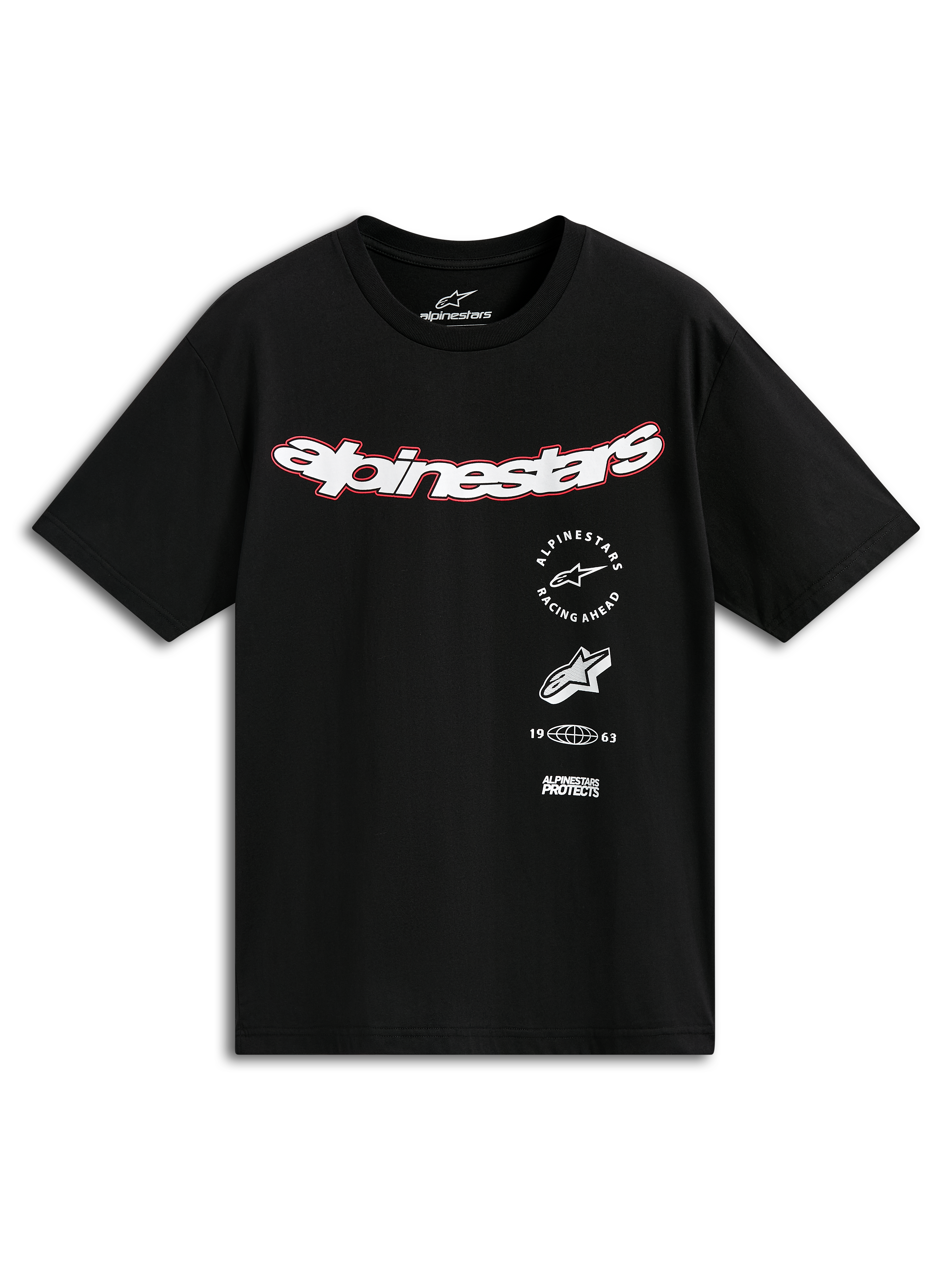Alpinestars Abus CSF Tee, t-shirt a maniche corte, nero, logo Alpinestars curvo bianco con bordo rosso, grafiche multiple tra cui Racing Ahead e 1963, abbigliamento casual motorsport streetwear