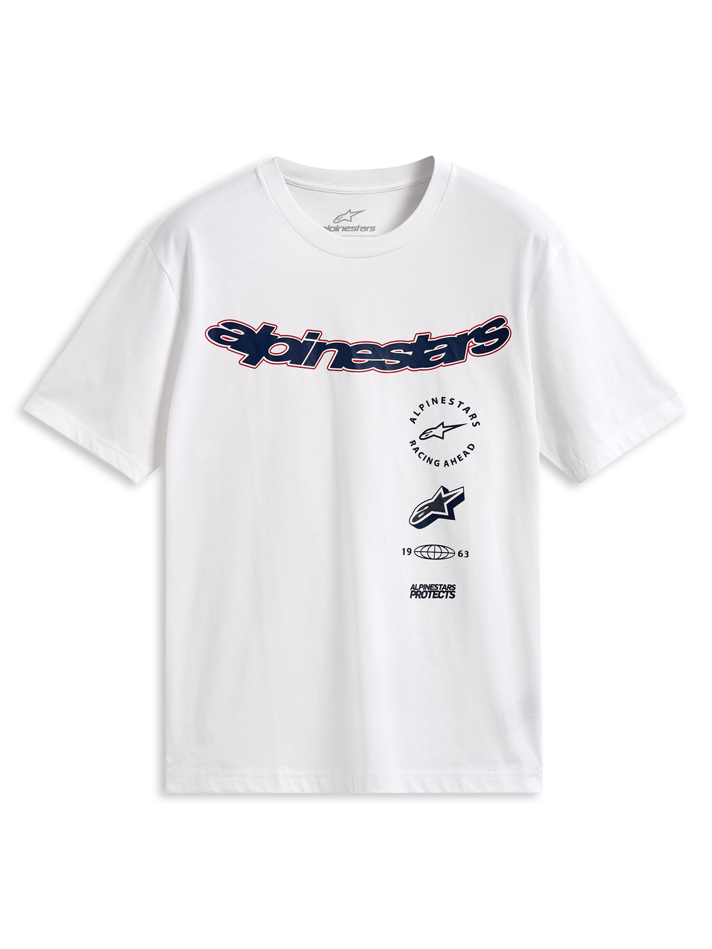 Alpinestars Abus CSF Tee, maglietta a maniche corte, bianco, logo Alpinestars curvo blu navy con bordo rosso, grafiche multiple sovrapposte sul davanti, abbigliamento streetwear casual da motorsport