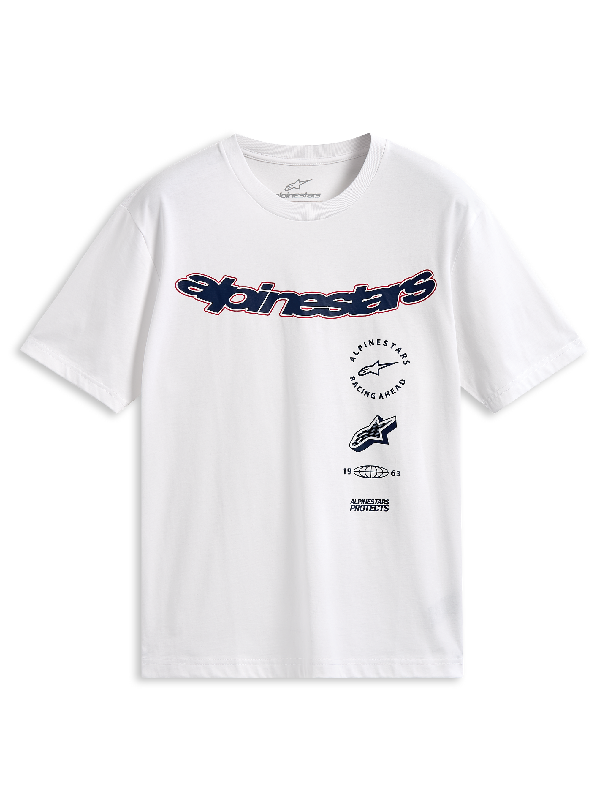 Alpinestars Abus CSF Tee, maglietta a maniche corte, bianco, logo Alpinestars curvo blu navy con bordo rosso, grafiche multiple sovrapposte sul davanti, abbigliamento streetwear casual da motorsport