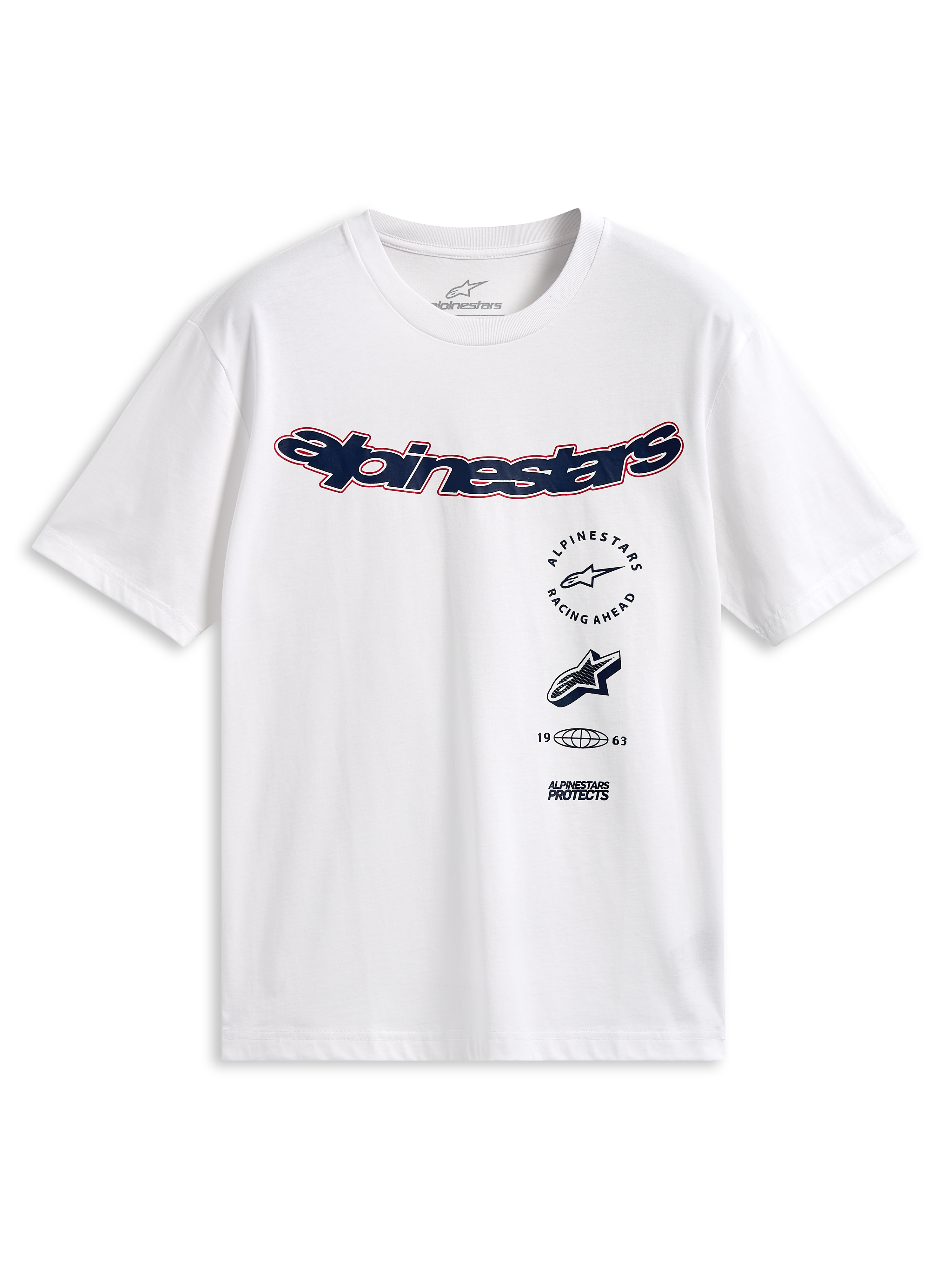 Alpinestars Abus CSF Tee, maglietta a maniche corte, bianco, logo Alpinestars curvo blu navy con bordo rosso, grafiche multiple sovrapposte sul davanti, abbigliamento streetwear casual da motorsport